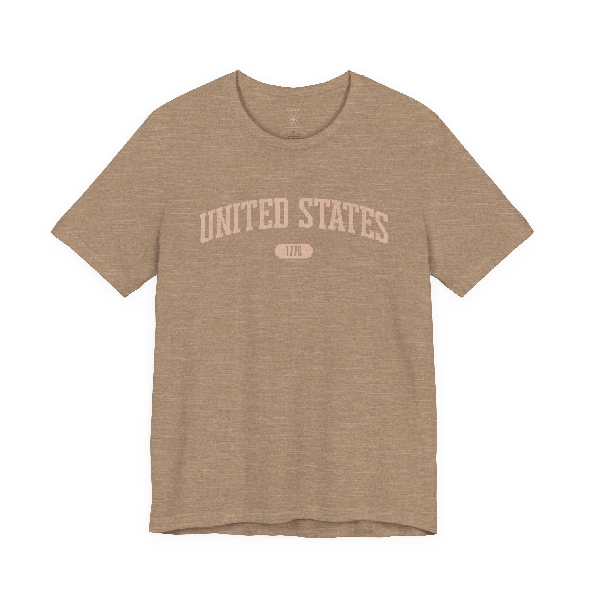 Heather Tan t-shirt with 'UNITED STATES 1776' in transcendent pink collegiate text.