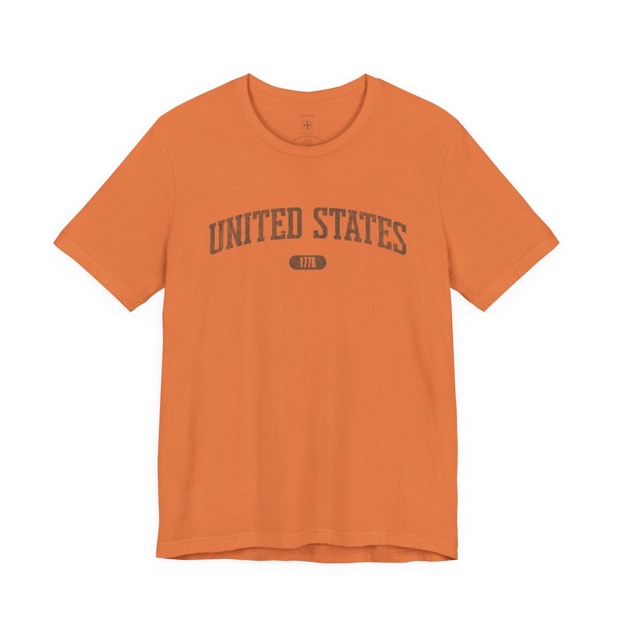Burnt Orange t-shirt with 'UNITED STATES 1776' in brown collegiate text.