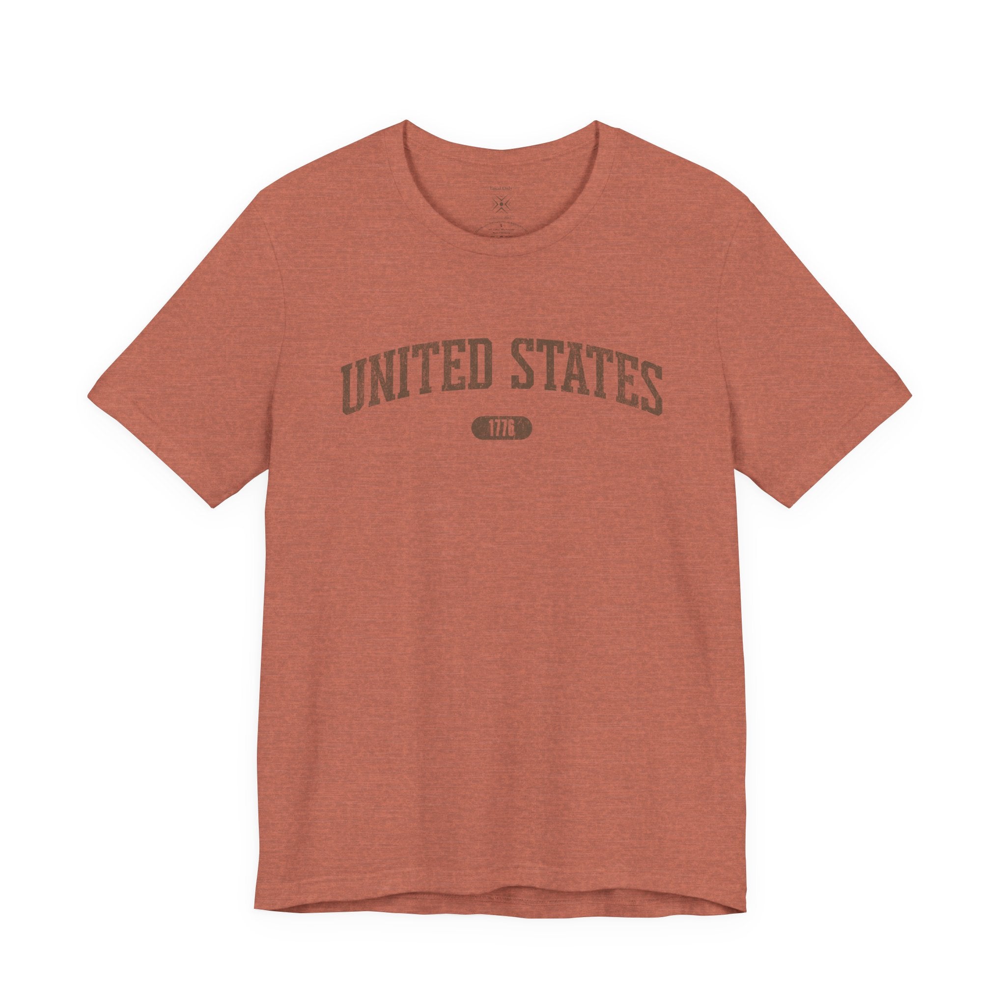 Heather Clay t-shirt with 'UNITED STATES 1776' in brown collegiate text.