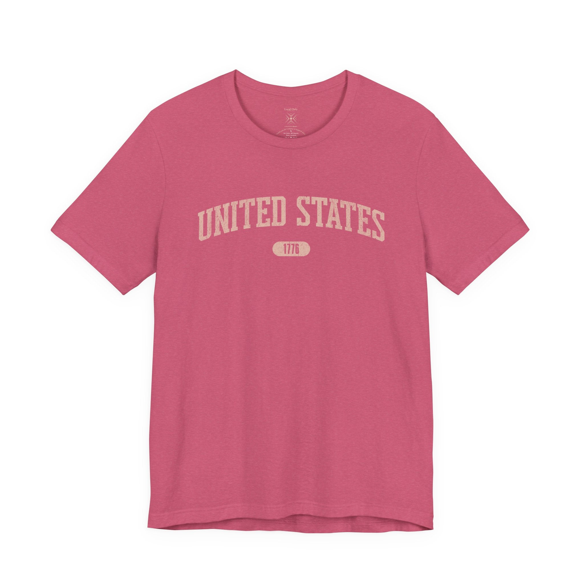 Heather Raspberry t-shirt with 'UNITED STATES 1776' in transcendent pink collegiate text.