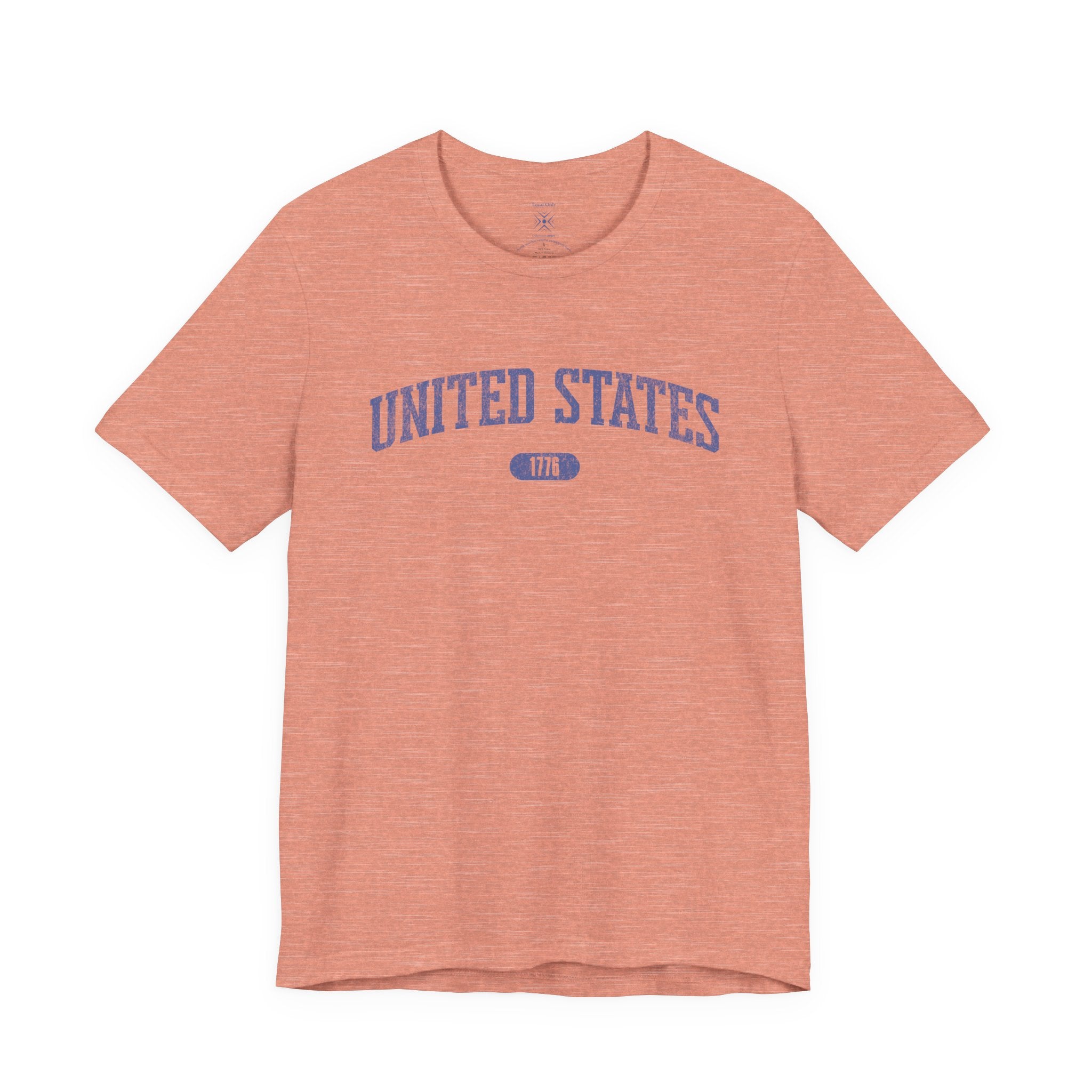 Heather Prism Sunset t-shirt with 'UNITED STATES 1776' in blue collegiate text.