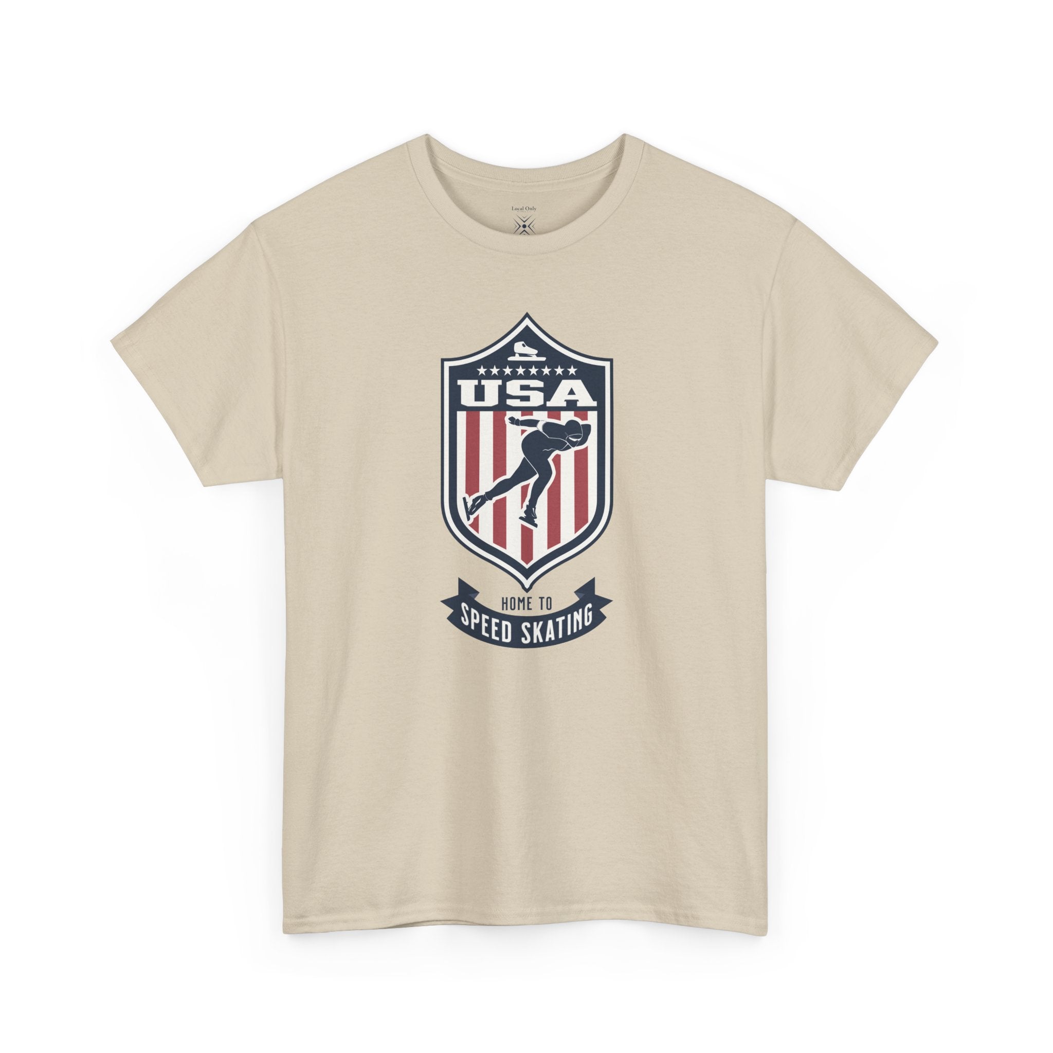 USA Home To Speed Skating Vintage Athletic T-Shirt – Navy Red White Crest Graphic