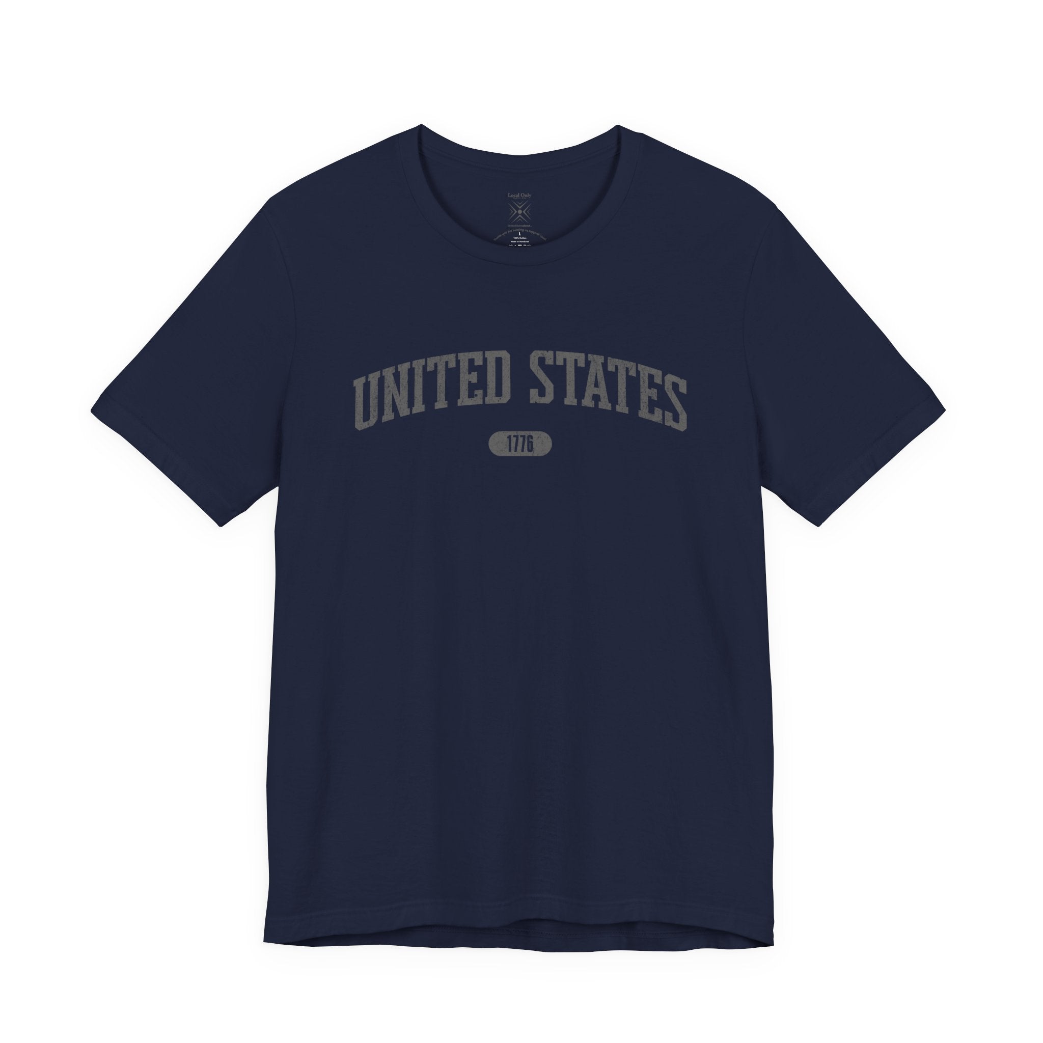 Navy t-shirt with 'UNITED STATES 1776' in gray collegiate text.