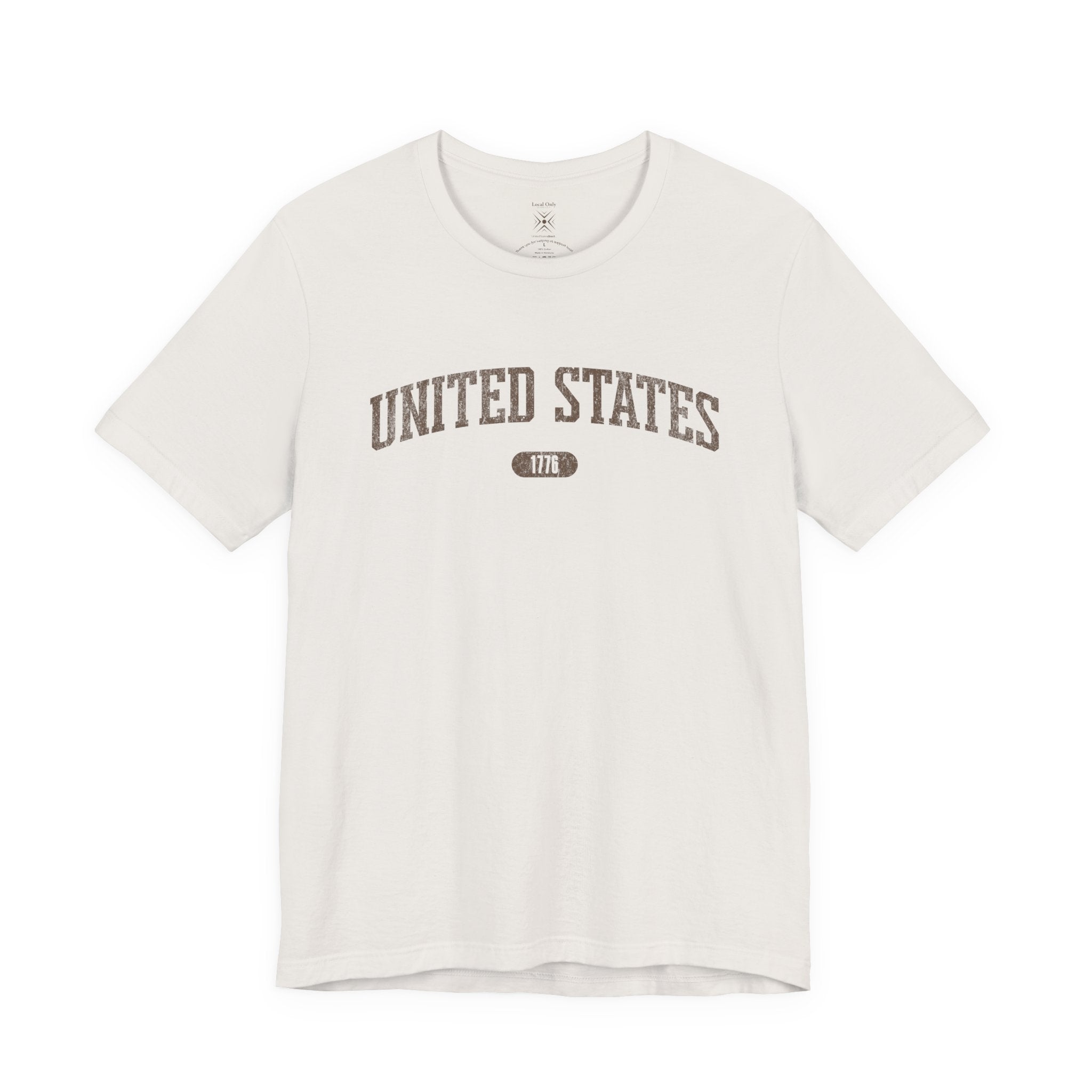 Vintage White t-shirt with 'UNITED STATES 1776' in brown collegiate text.