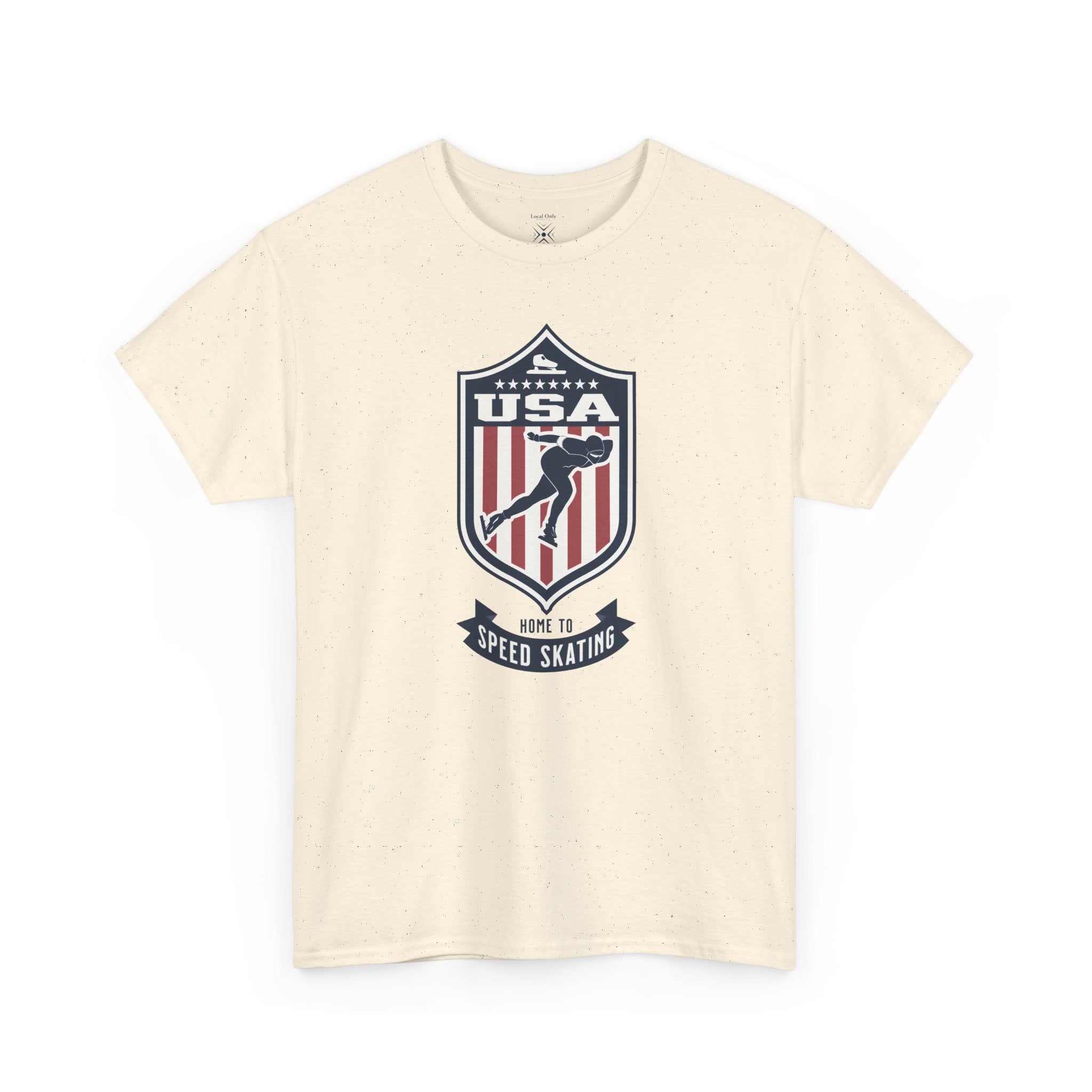 USA Home To Speed Skating Vintage Athletic T-Shirt – Navy Red White Crest Graphic
