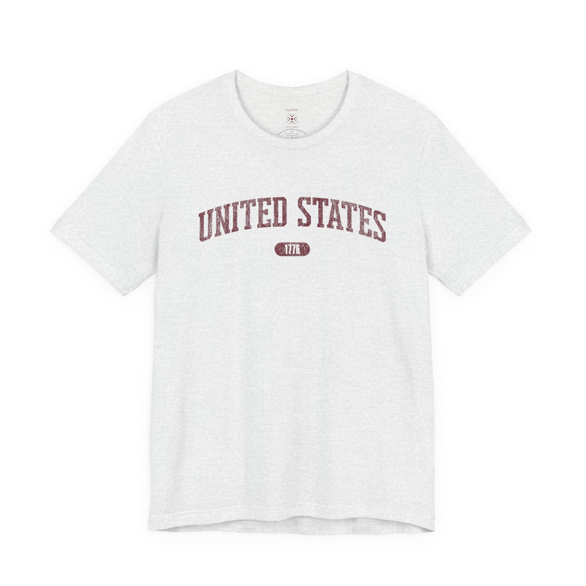 Ash t-shirt with 'UNITED STATES 1776' in burgundy collegiate text.