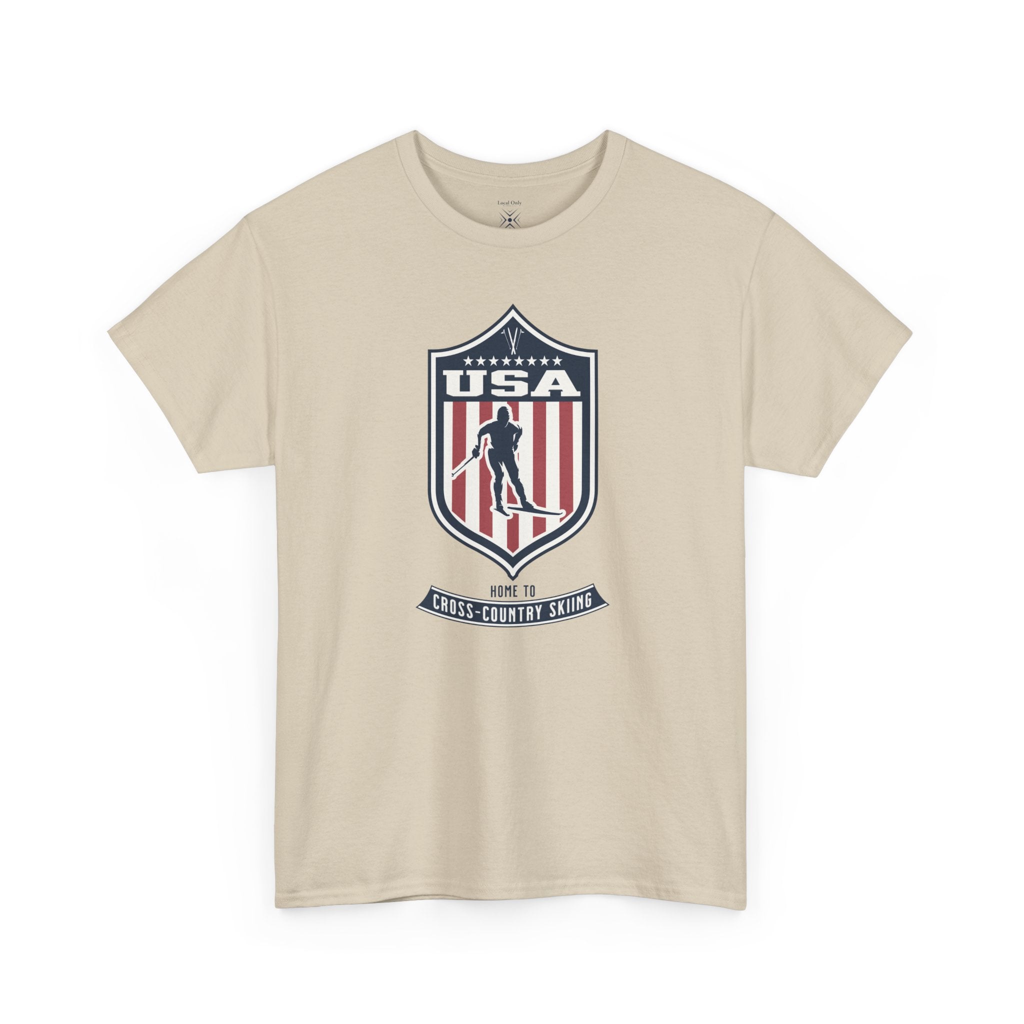 USA Home To Cross-Country Skiing Vintage Athletic T-Shirt – Navy Red White Crest Graphic