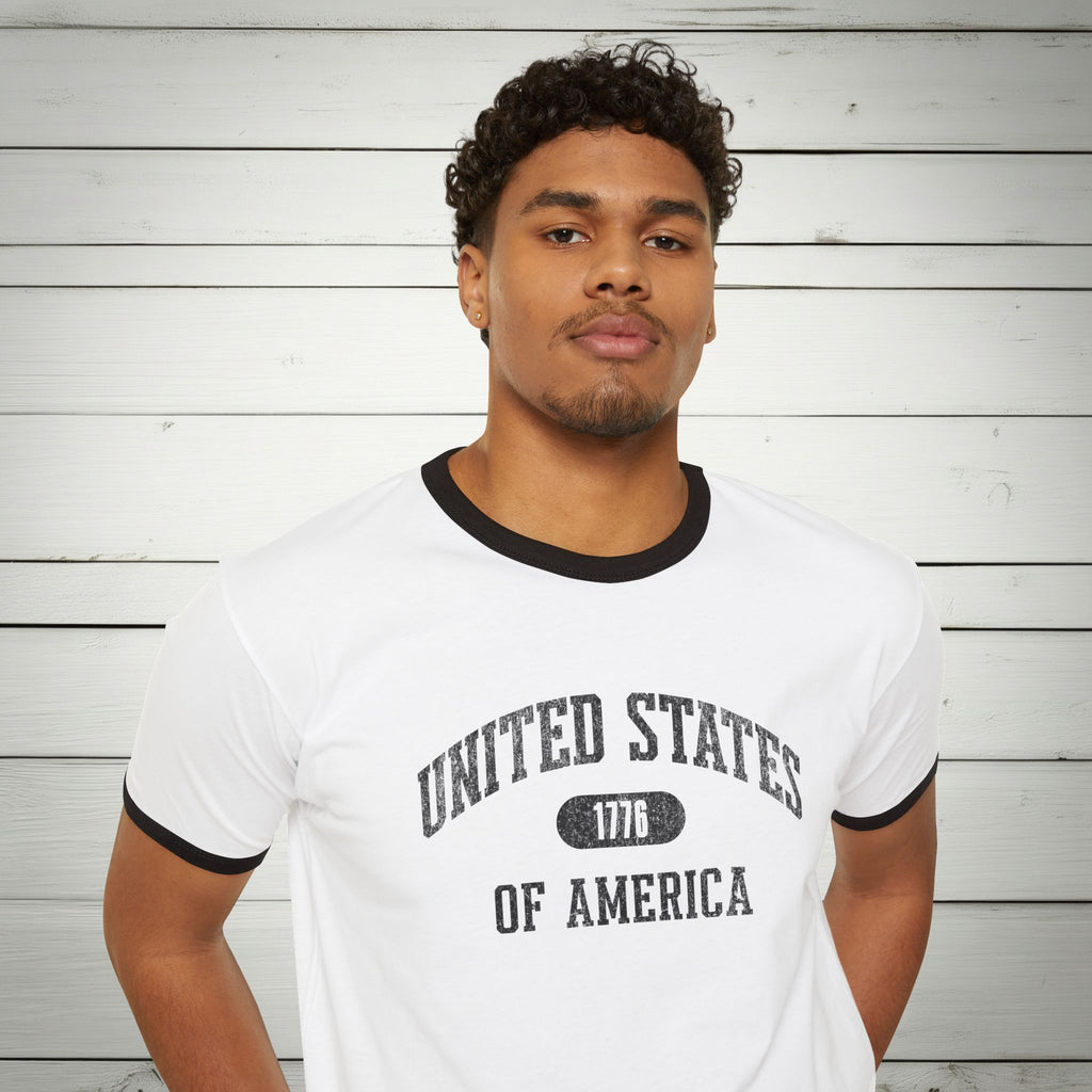 United States of America 1776 Vintage Collegiate Ringer Tee – Black Graphic – Neutrals with Black Trim