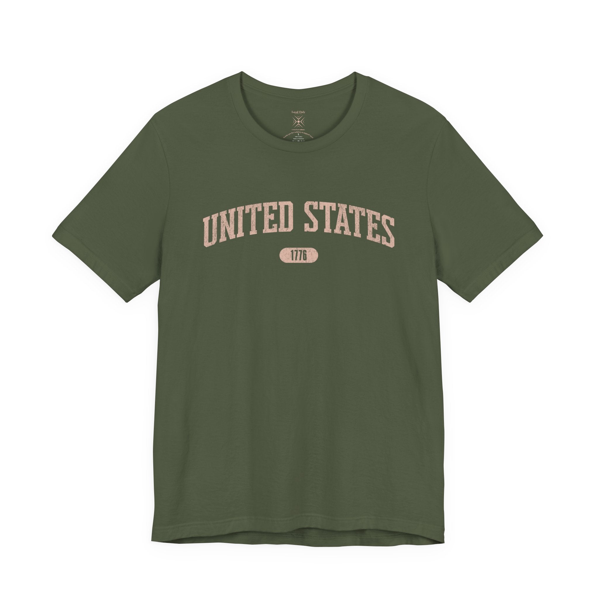 Military Green t-shirt with 'UNITED STATES 1776' in transcendent pink collegiate text.