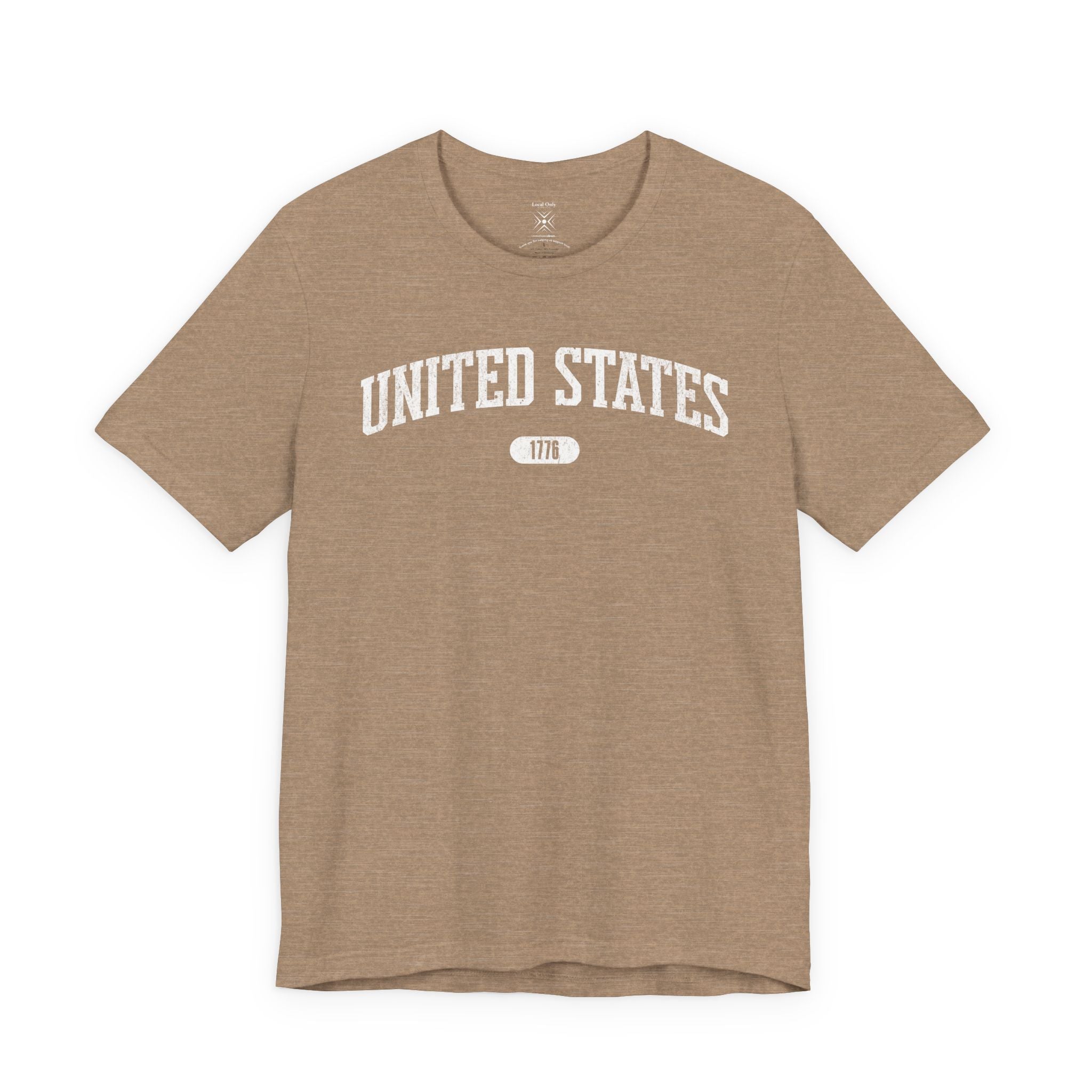 Heather Tan t-shirt with 'UNITED STATES 1776' white collegiate text.