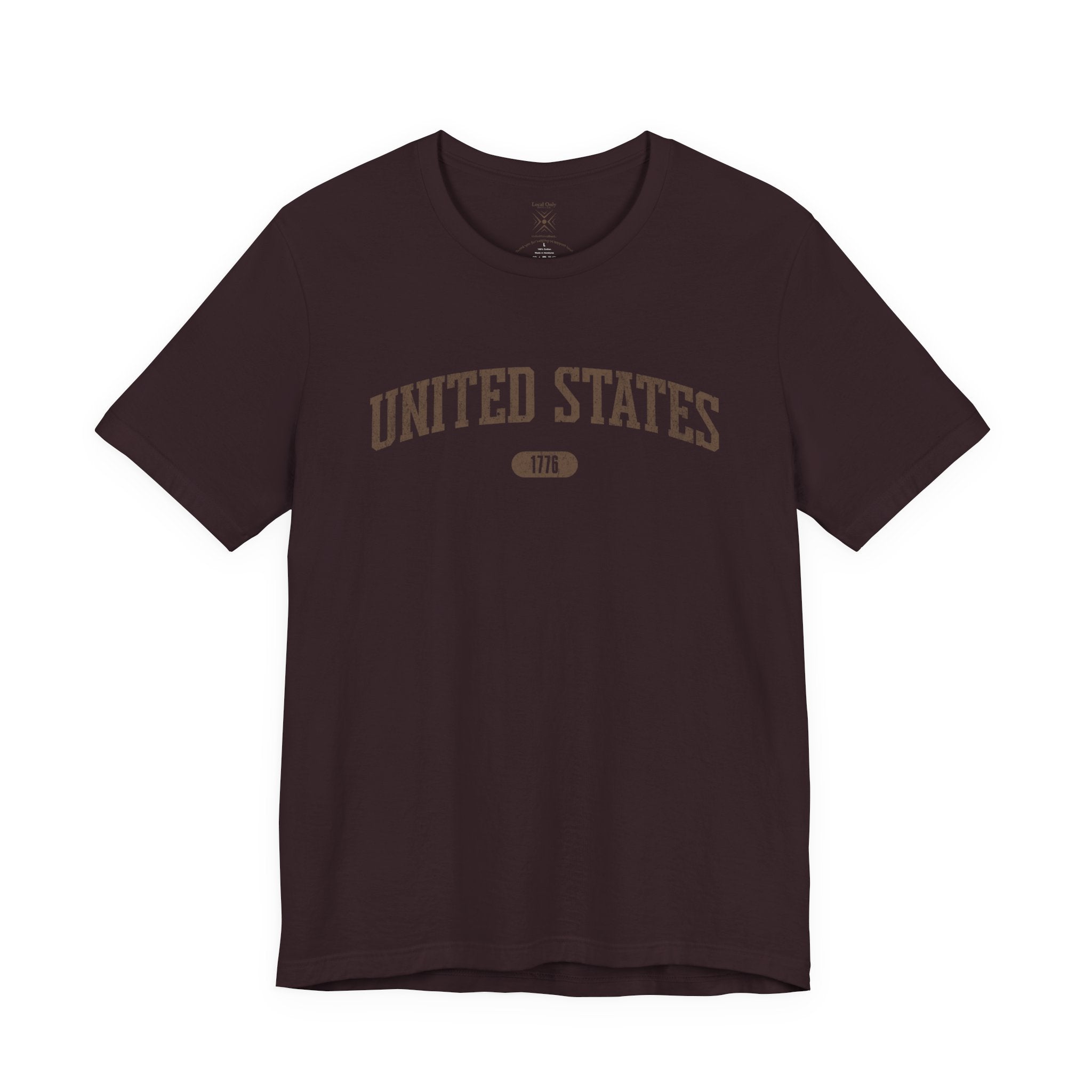 Oxblood Black t-shirt with 'UNITED STATES 1776' in brown collegiate text.