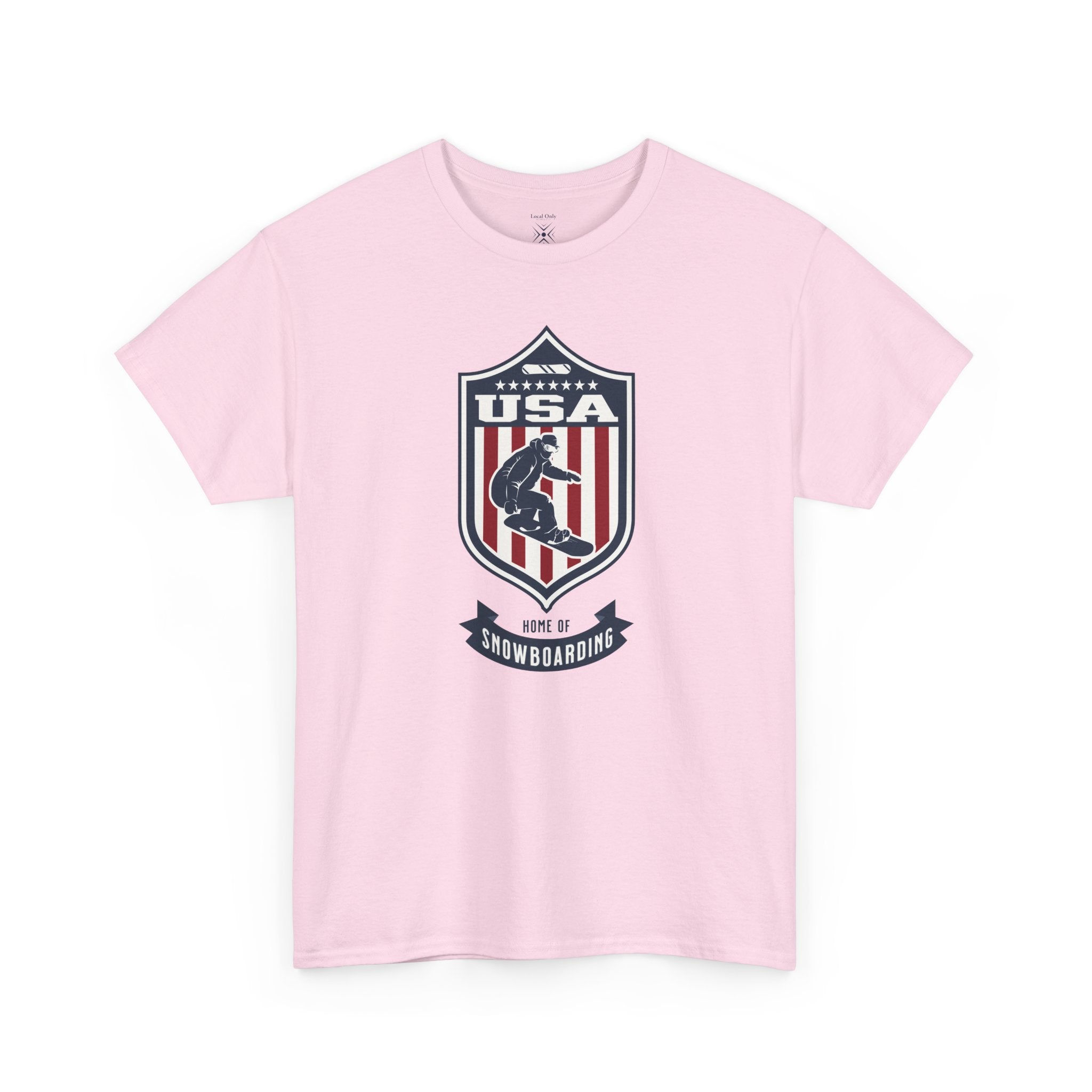 USA Home Of Snowboarding Vintage Athletic T-Shirt – Navy Red White Crest Graphic