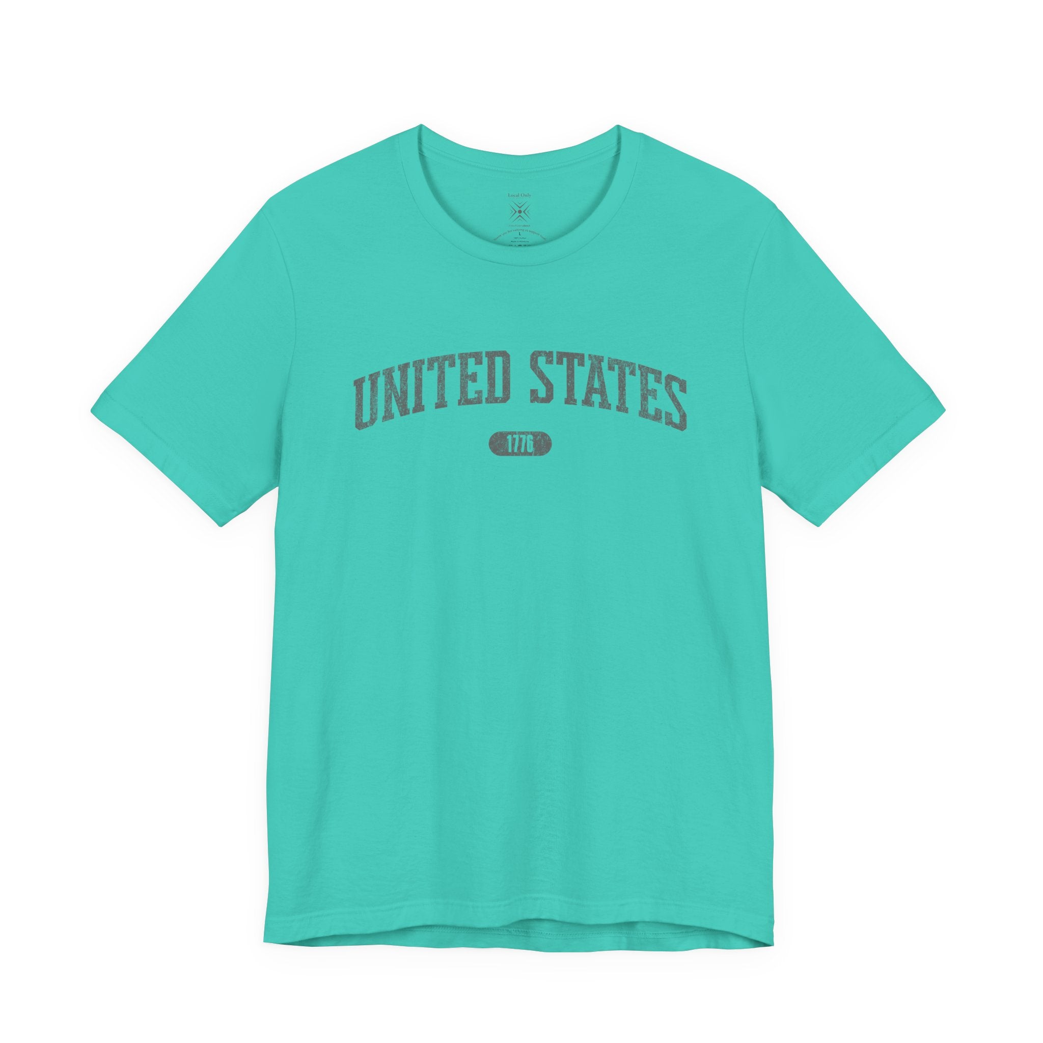 Teal t-shirt with 'UNITED STATES 1776' in gray collegiate text.