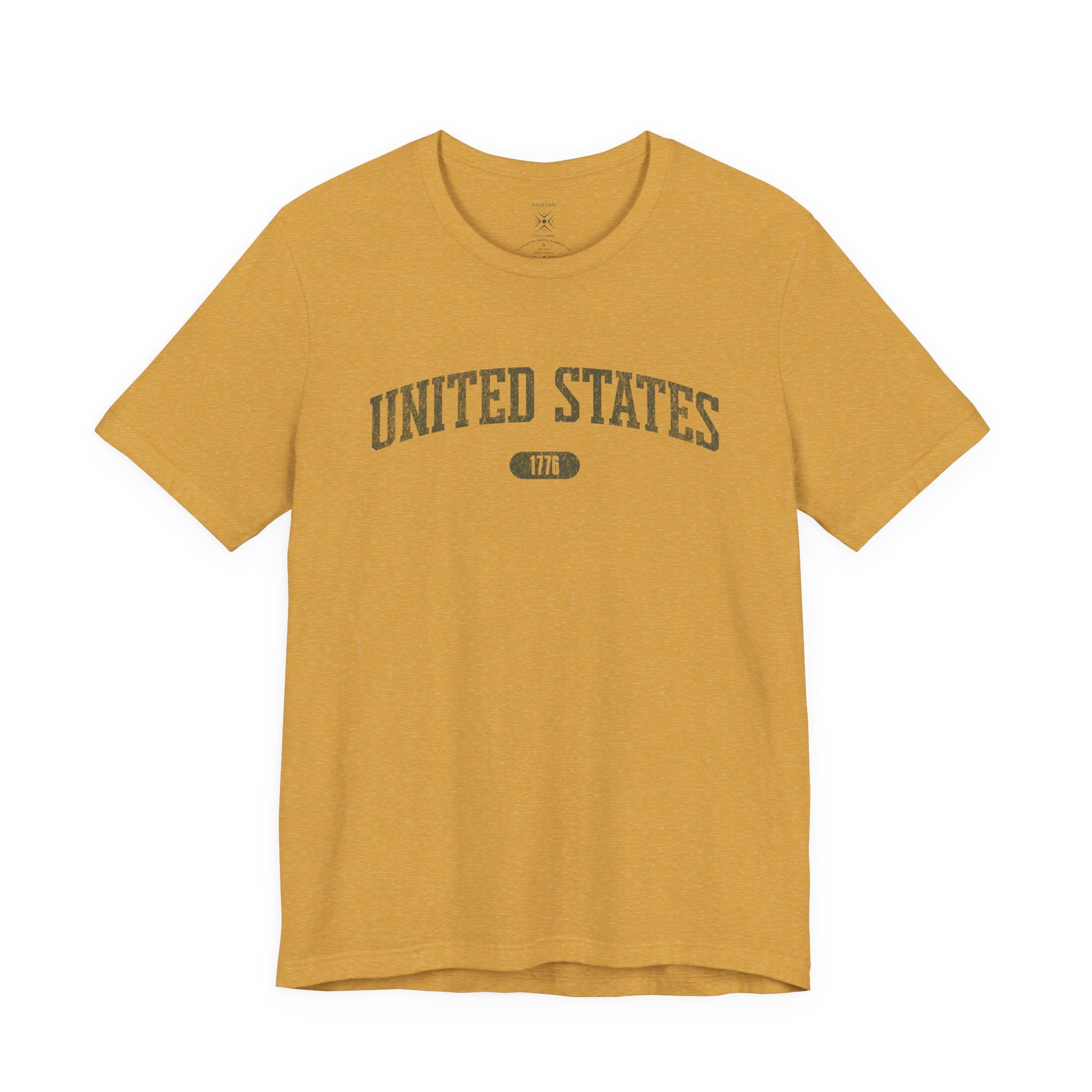 Heather Mustard t-shirt with 'UNITED STATES 1776' in olive green collegiate text.