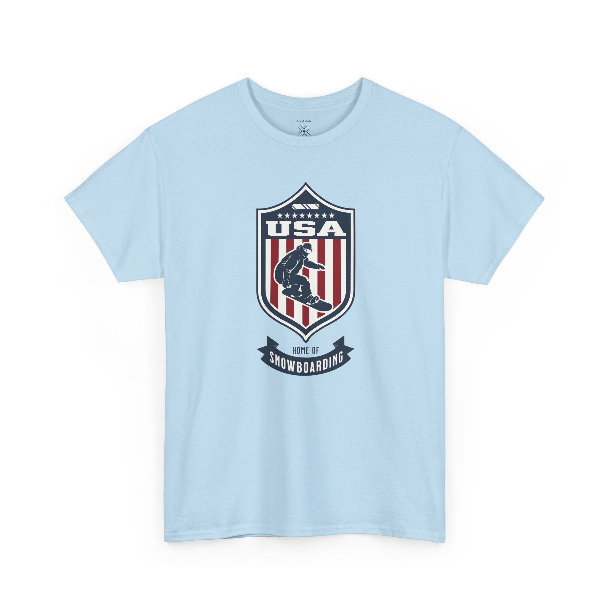 USA Home Of Snowboarding Vintage Athletic T-Shirt – Navy Red White Crest Graphic