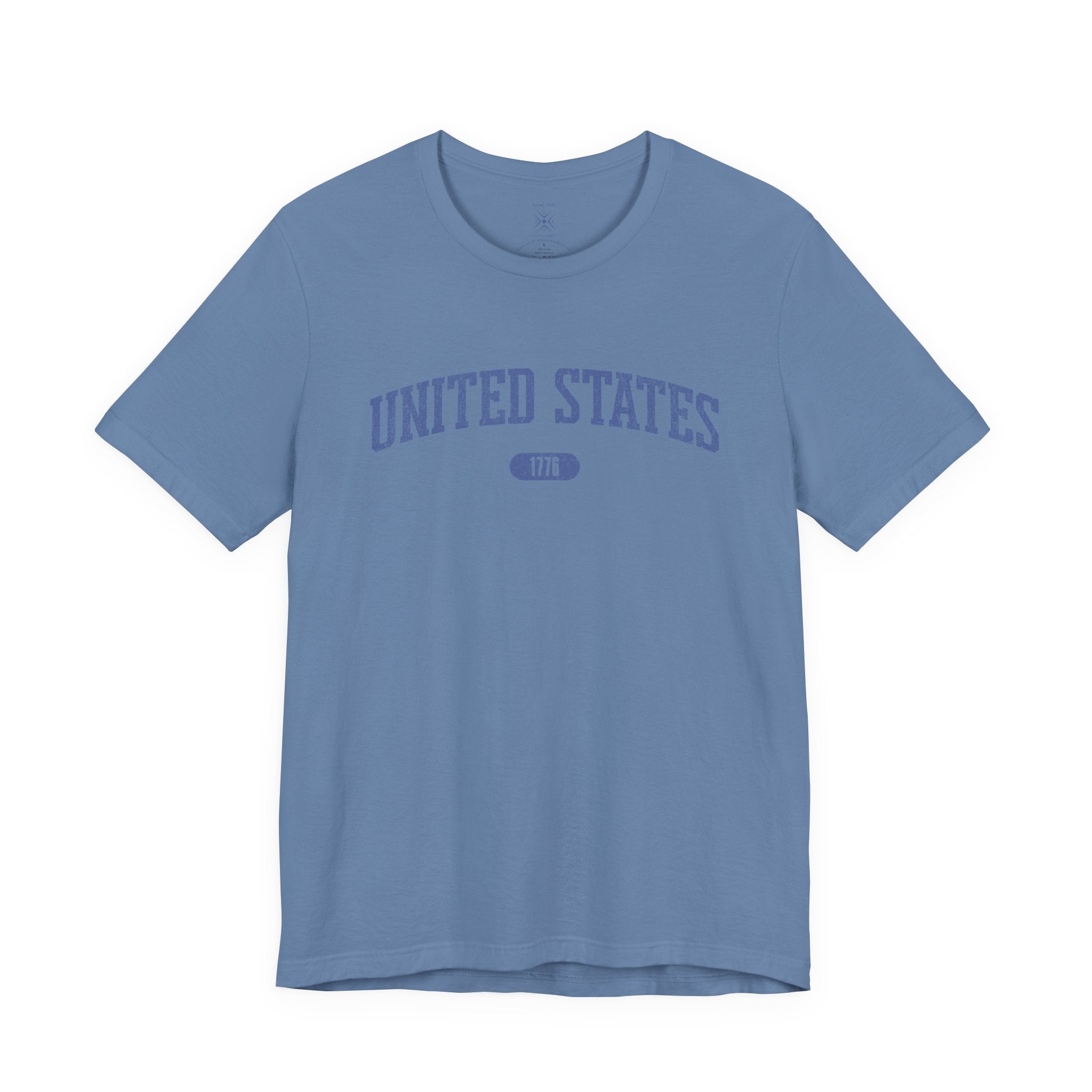 Lavender Blue t-shirt with 'UNITED STATES 1776' in blue collegiate text.
