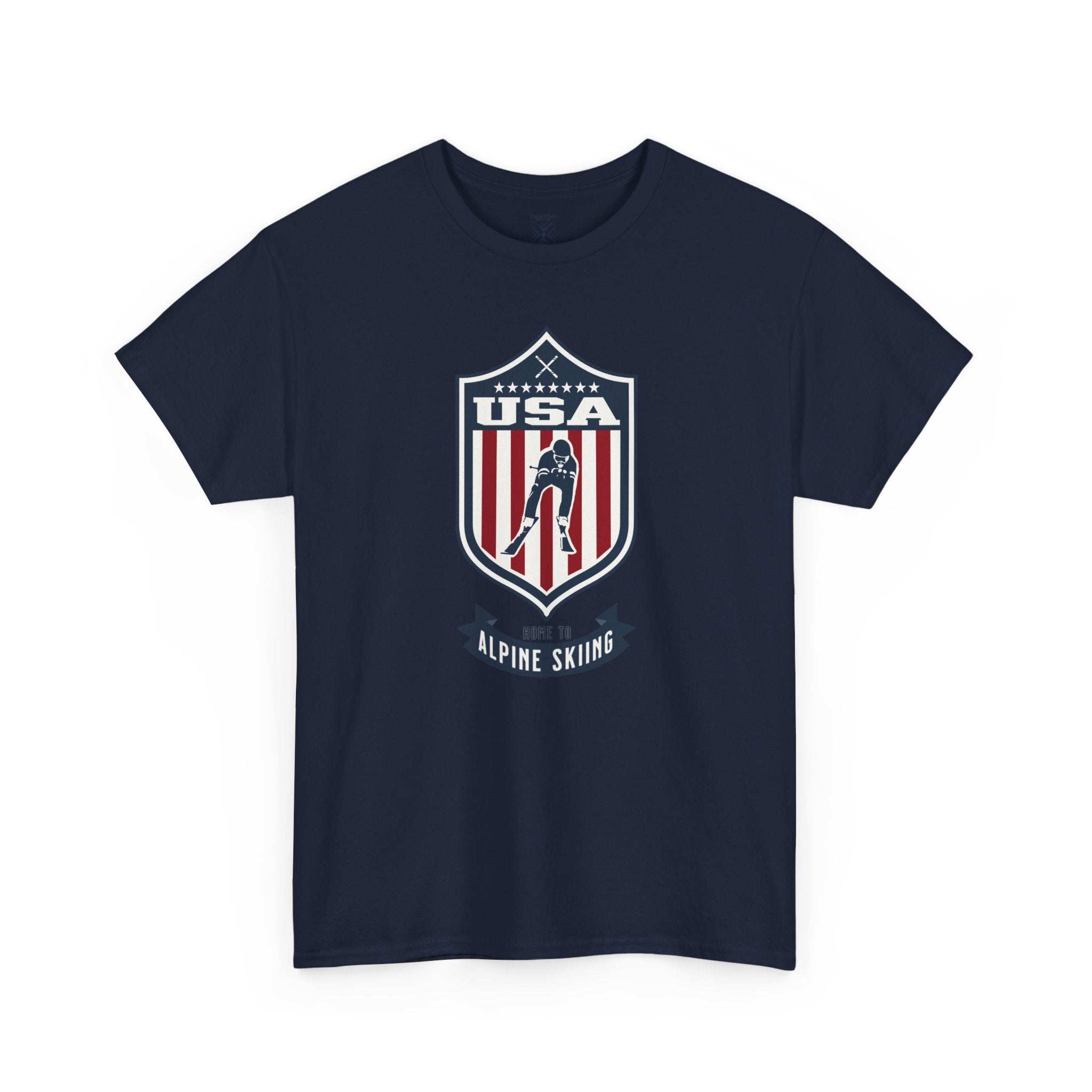 USA Home To Alpine Skiing Vintage Athletic T-Shirt – Navy Red White Crest Graphic