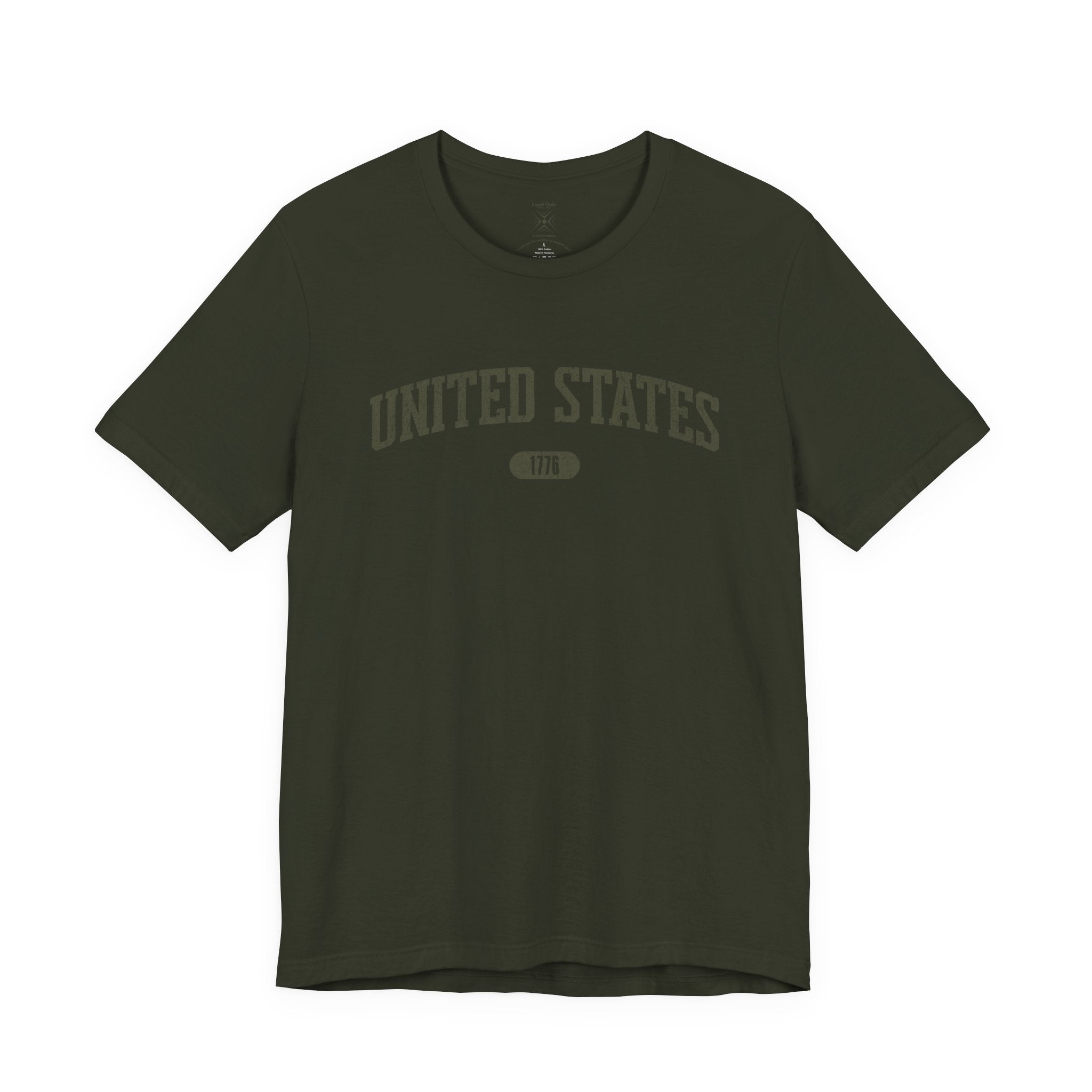Dark Olive t-shirt with 'UNITED STATES 1776' in olive green collegiate text.