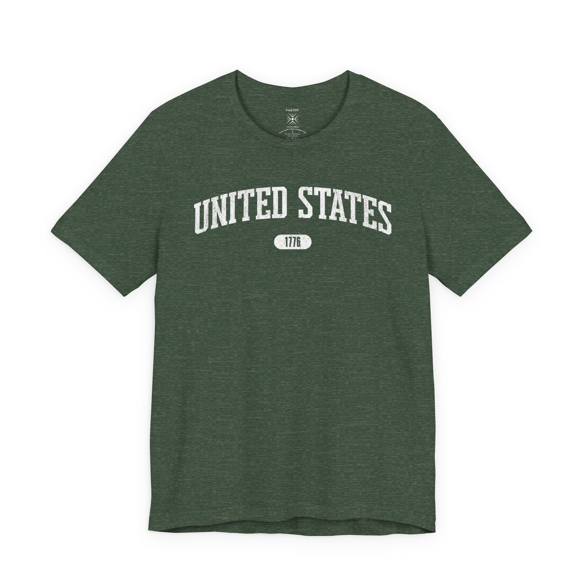Heather Forest t-shirt with 'UNITED STATES 1776' white collegiate text.