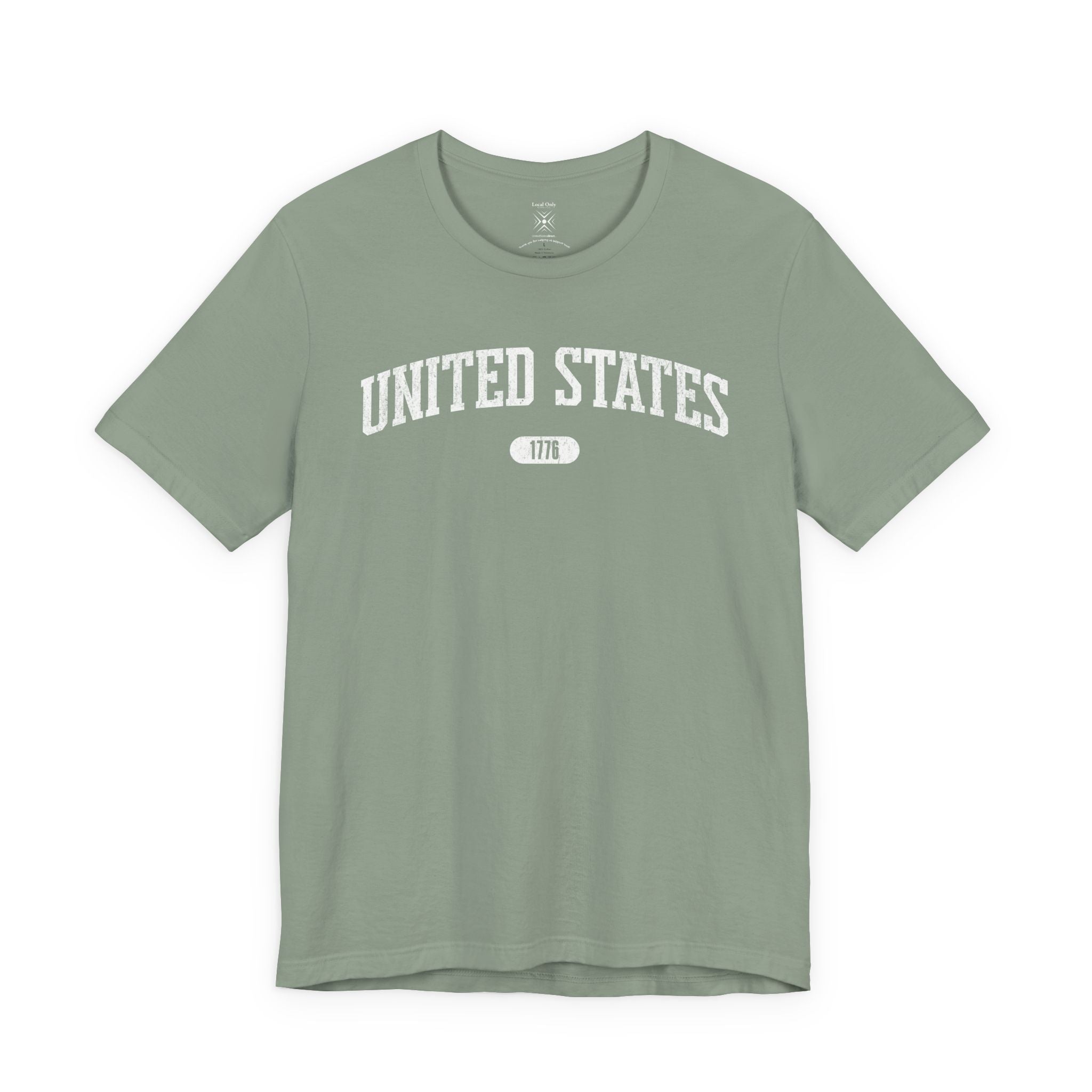Sage t-shirt with 'UNITED STATES 1776' white collegiate text.