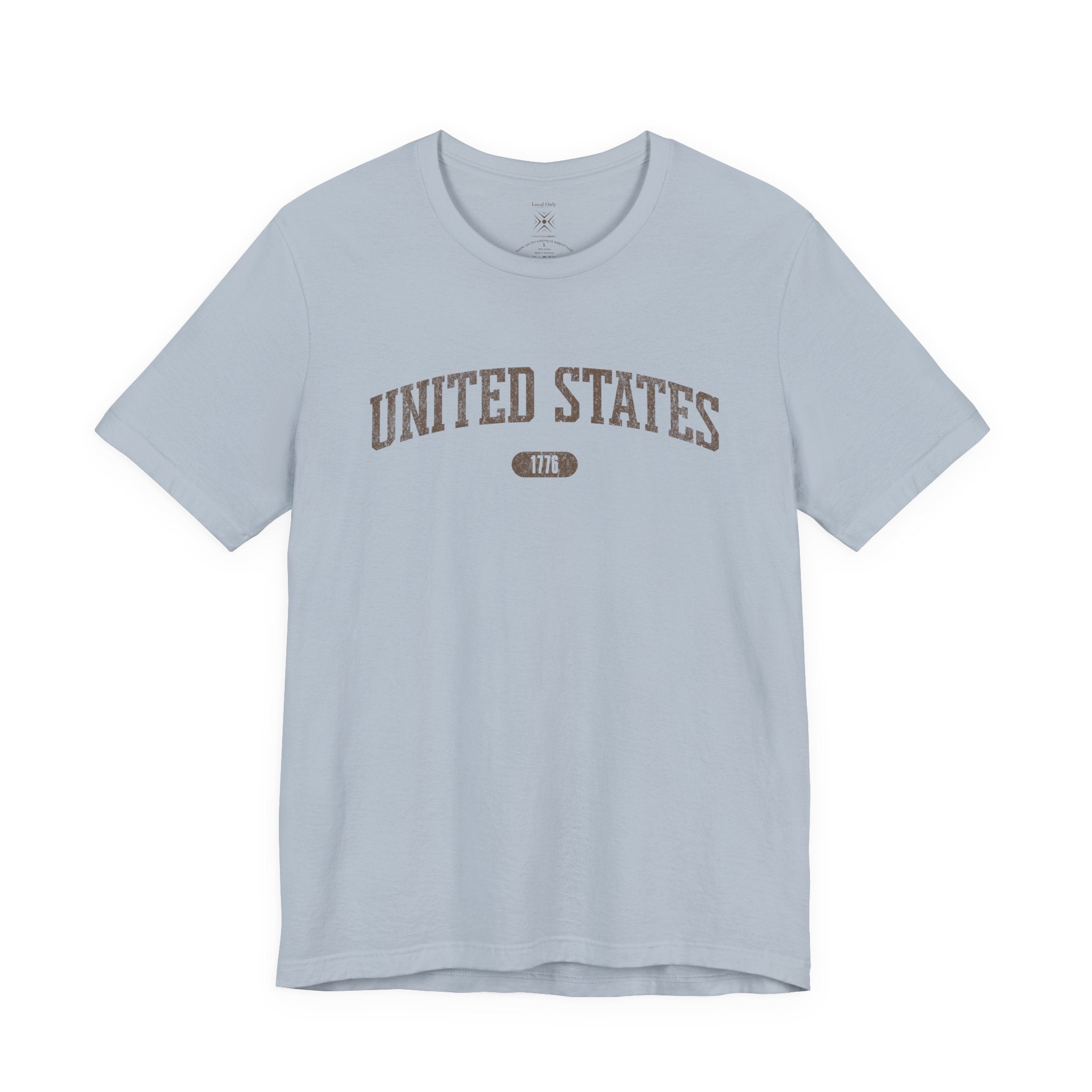Light Blue t-shirt with 'UNITED STATES 1776' in brown collegiate text.