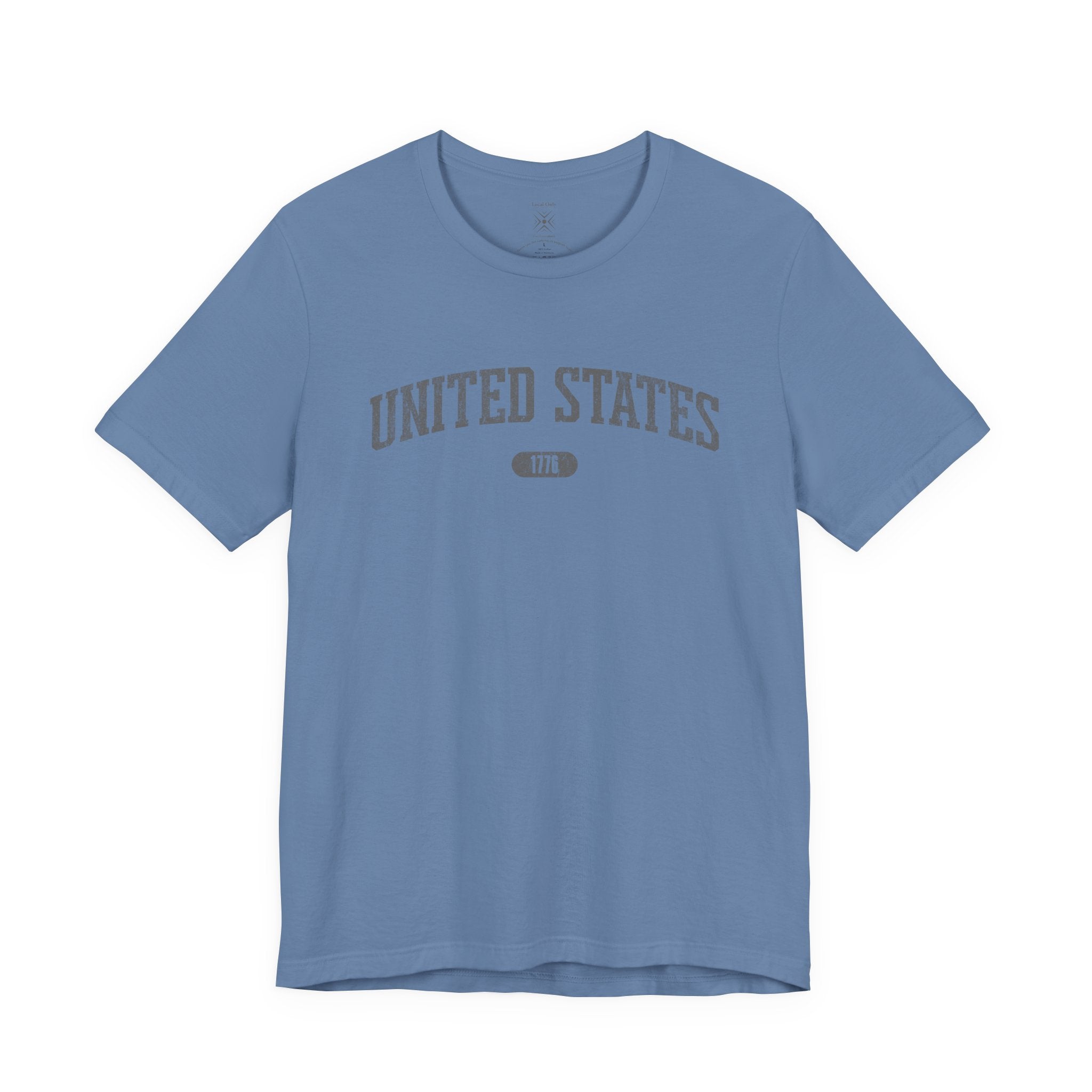 Lavender Blue t-shirt with 'UNITED STATES 1776' in gray collegiate text.