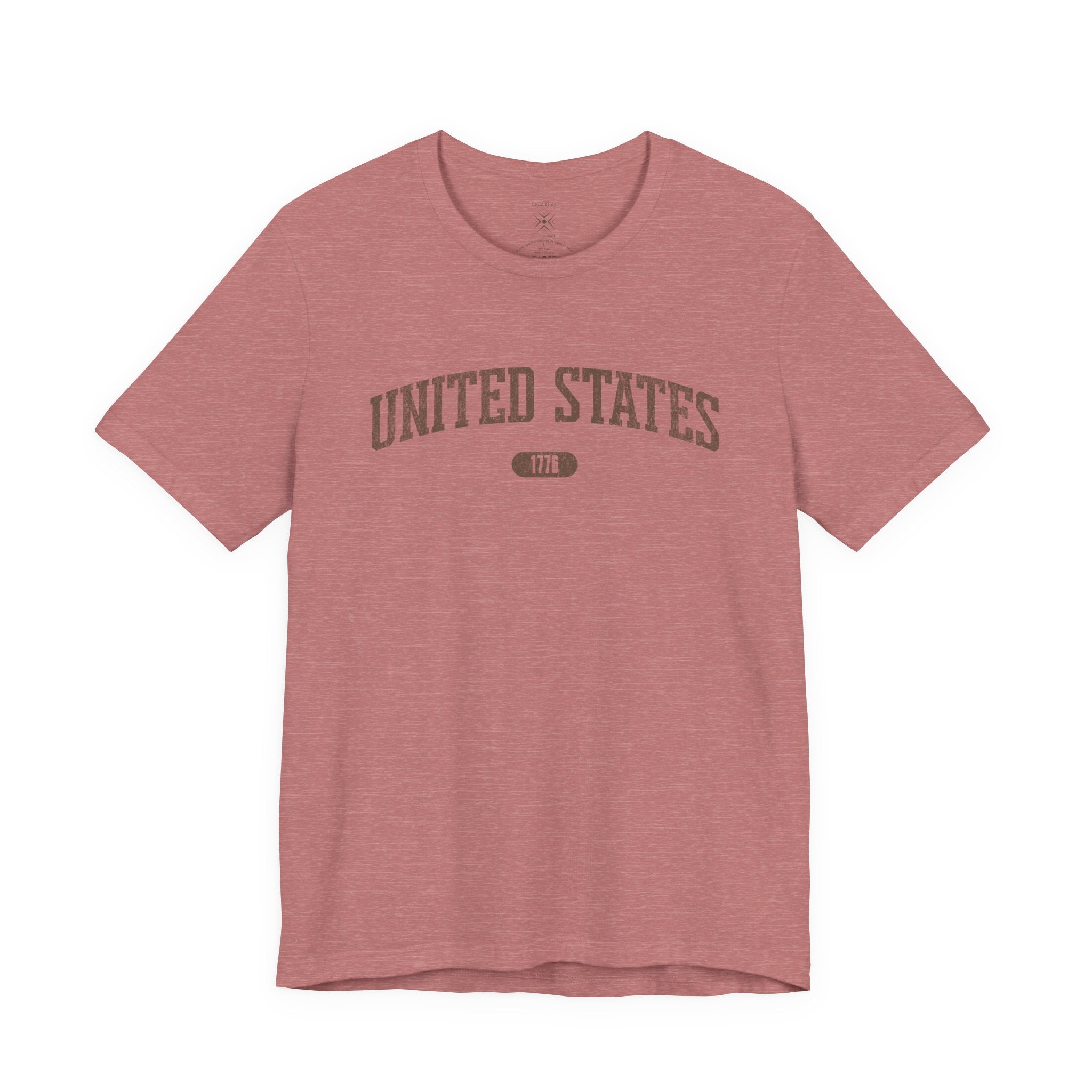 Heather Mauve t-shirt with 'UNITED STATES 1776' in brown collegiate text.