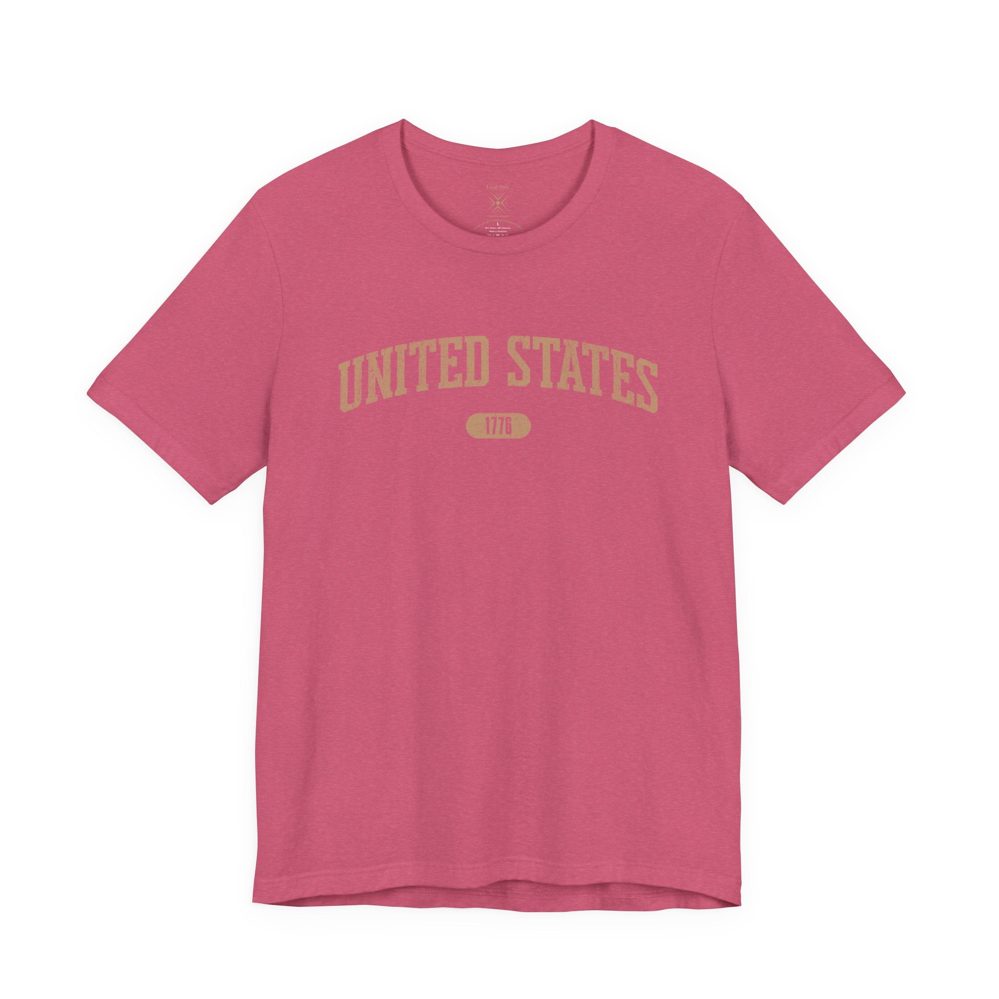 Heather Raspberry t-shirt with 'UNITED STATES 1776' in tan collegiate text.