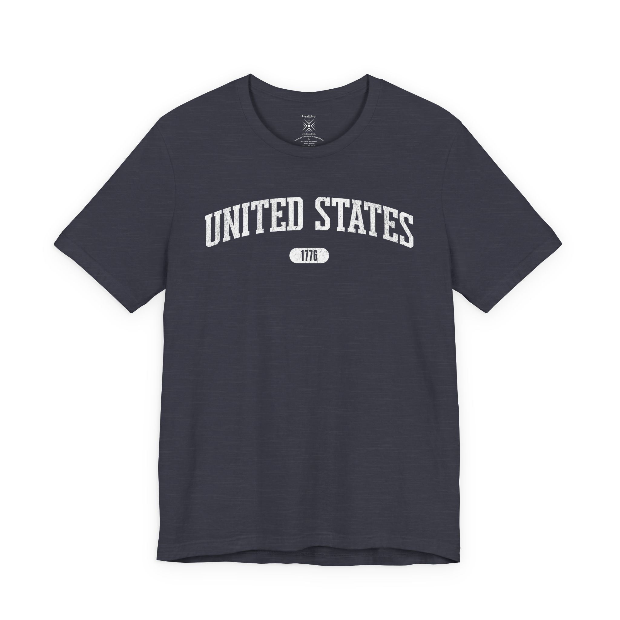 Heather Midnight Navy t-shirt with 'UNITED STATES 1776' white collegiate text.