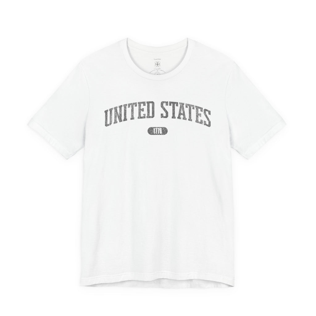 White t-shirt with 'UNITED STATES 1776' in gray collegiate text.