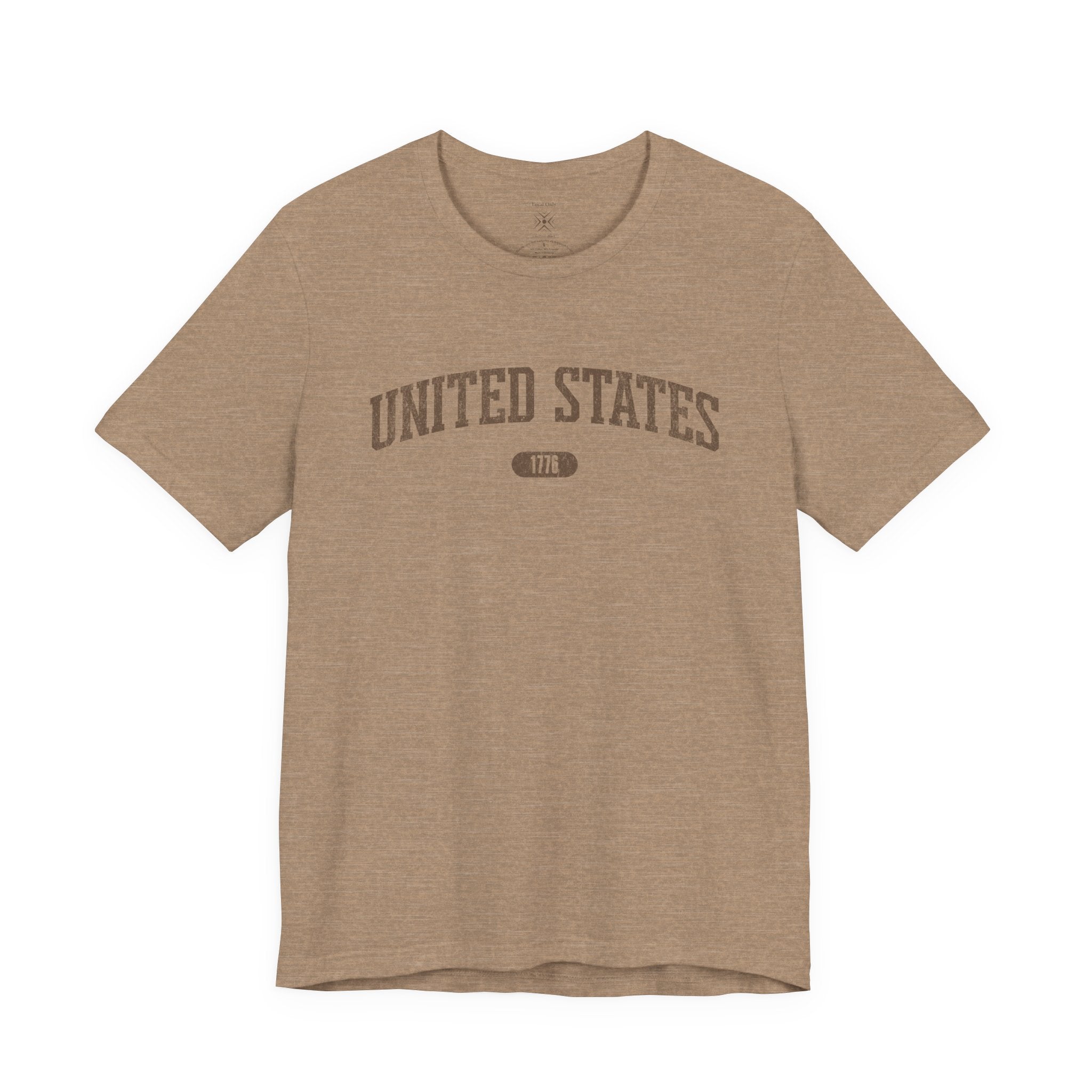 Heather Tan t-shirt with 'UNITED STATES 1776' in brown collegiate text.