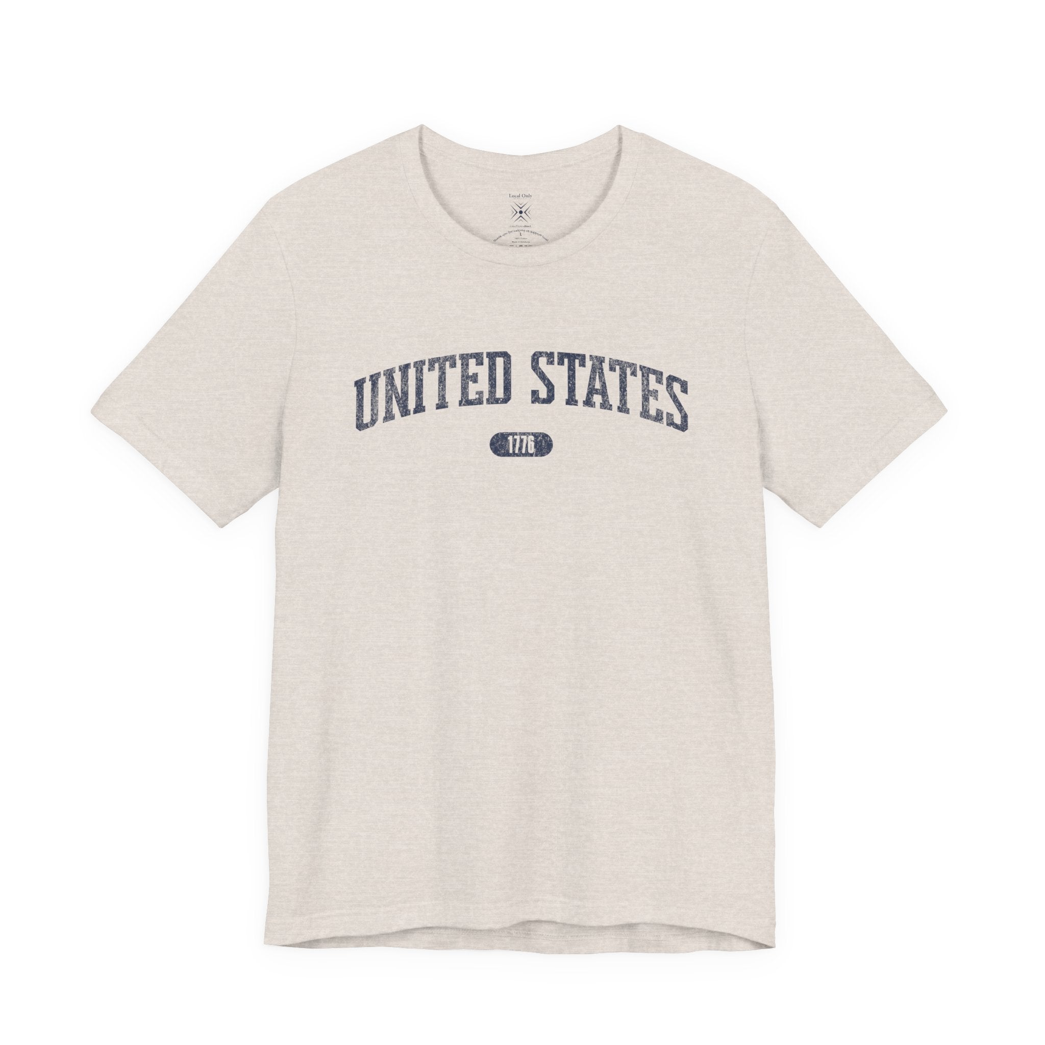 Heather Dust t-shirt with 'UNITED STATES 1776' in navy collegiate text.