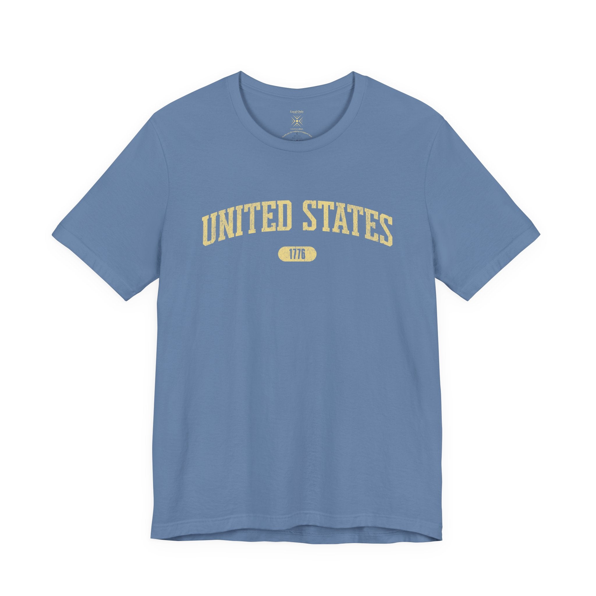 Lavender Blue t-shirt with 'UNITED STATES 1776' in yellow collegiate text.