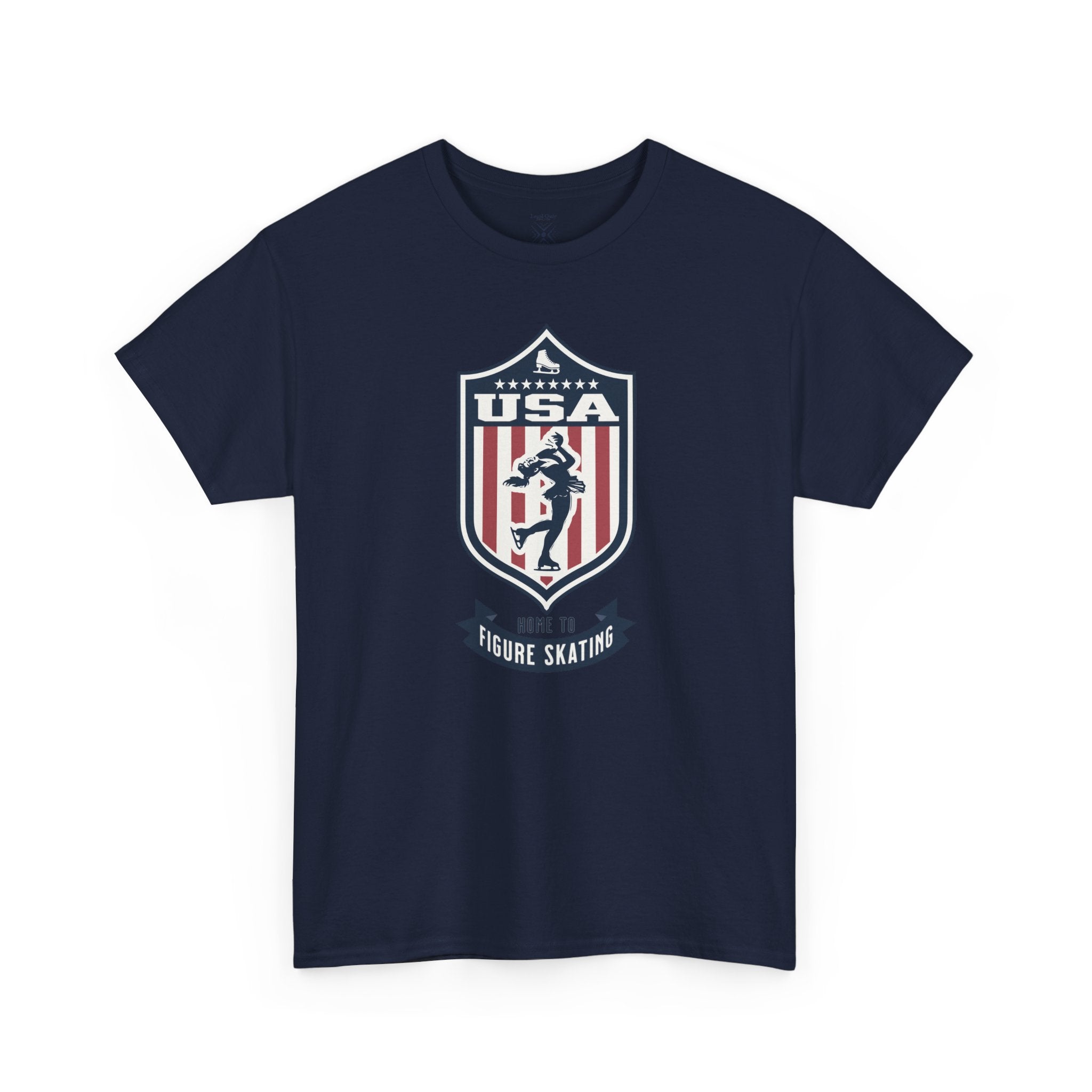 USA Home To Figure Skating Vintage Athletic T-Shirt – Navy Red White Crest Graphic