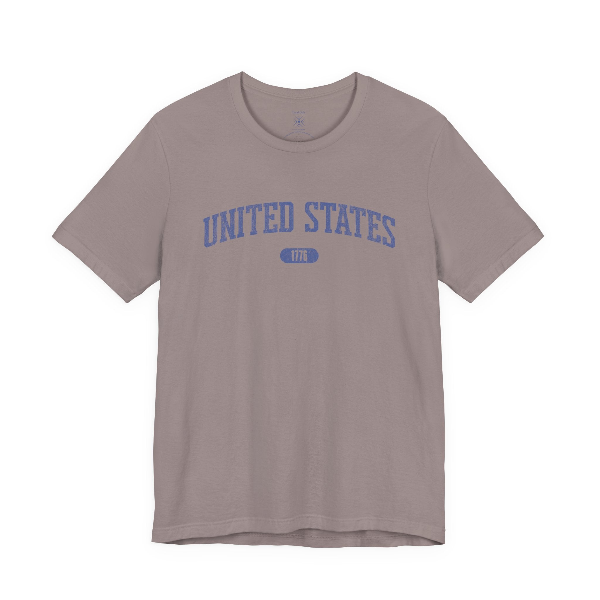 Pebble Brown t-shirt with 'UNITED STATES 1776' in blue collegiate text.