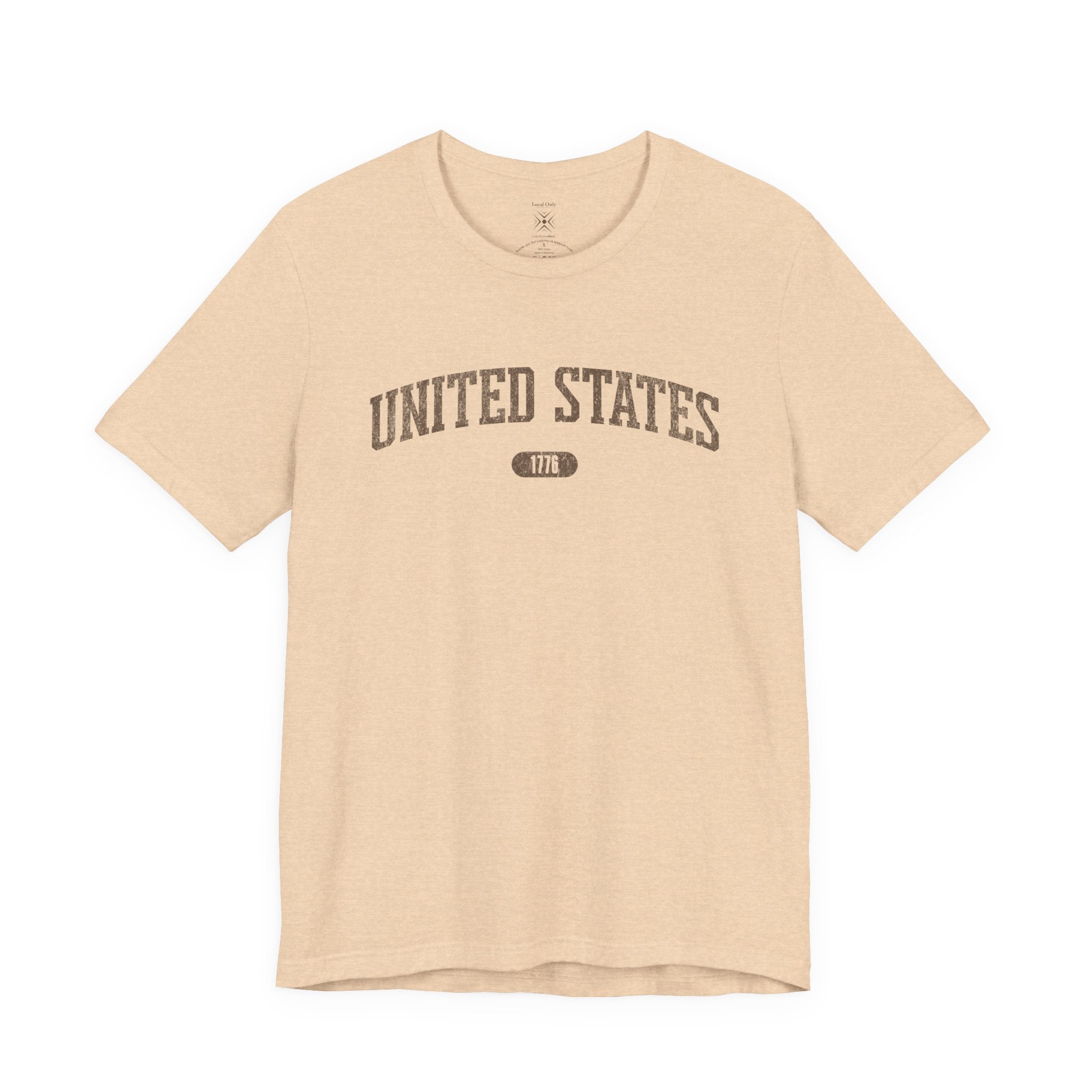 Heather Sand Dune t-shirt with 'UNITED STATES 1776' in brown collegiate text.