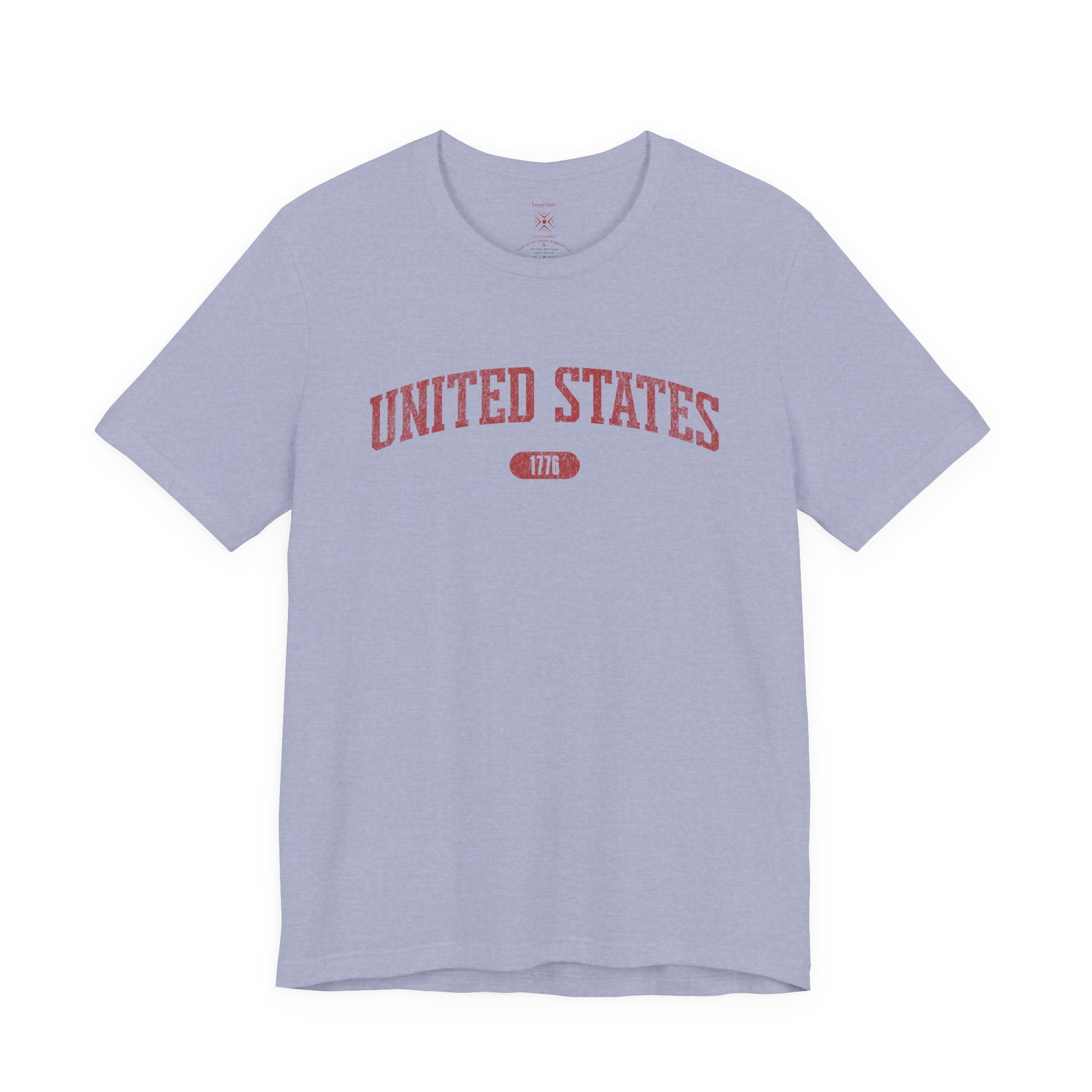Heather Blue t-shirt with 'UNITED STATES 1776' in red collegiate text