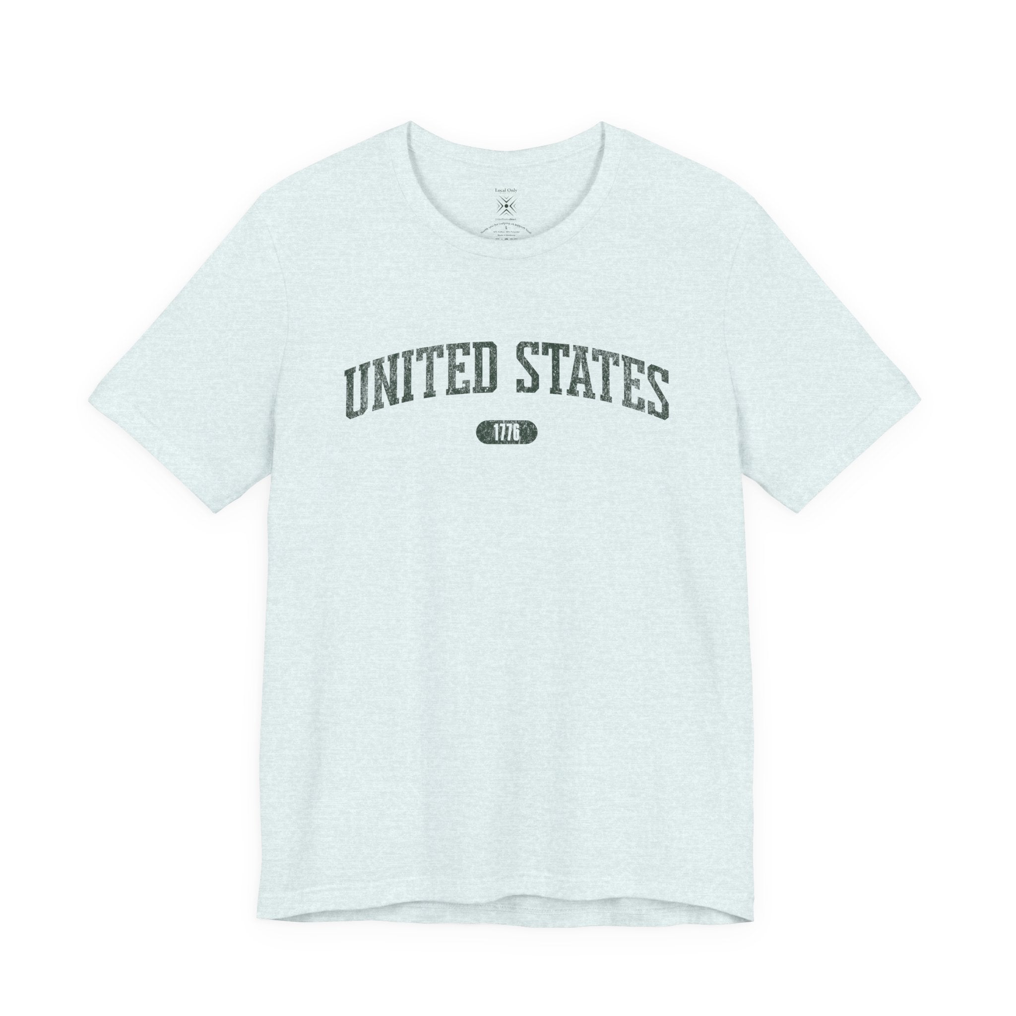 Heather Ice Blue t-shirt with 'UNITED STATES 1776' in forest green collegiate text.