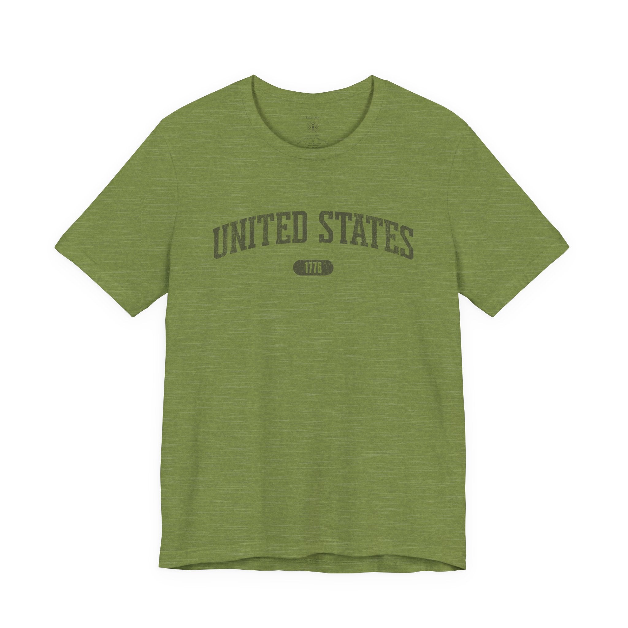 Heather Green t-shirt with 'UNITED STATES 1776' in olive green collegiate text.