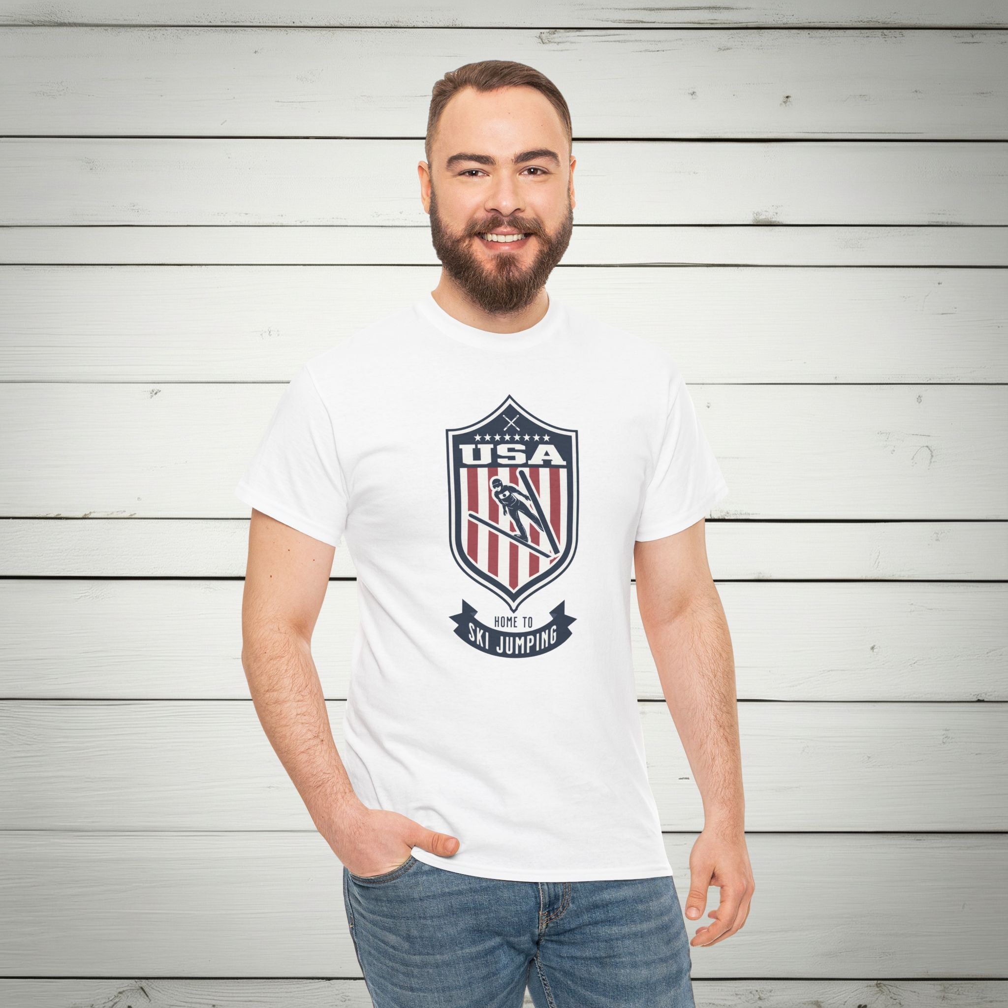 USA Home To Ski Jumping Vintage Athletic T-Shirt – Navy Red White Crest Graphic