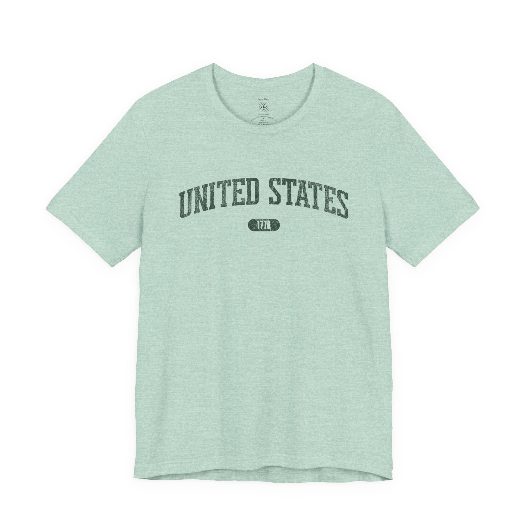 Heather Prism Mint t-shirt with 'UNITED STATES 1776' in forest green collegiate text.