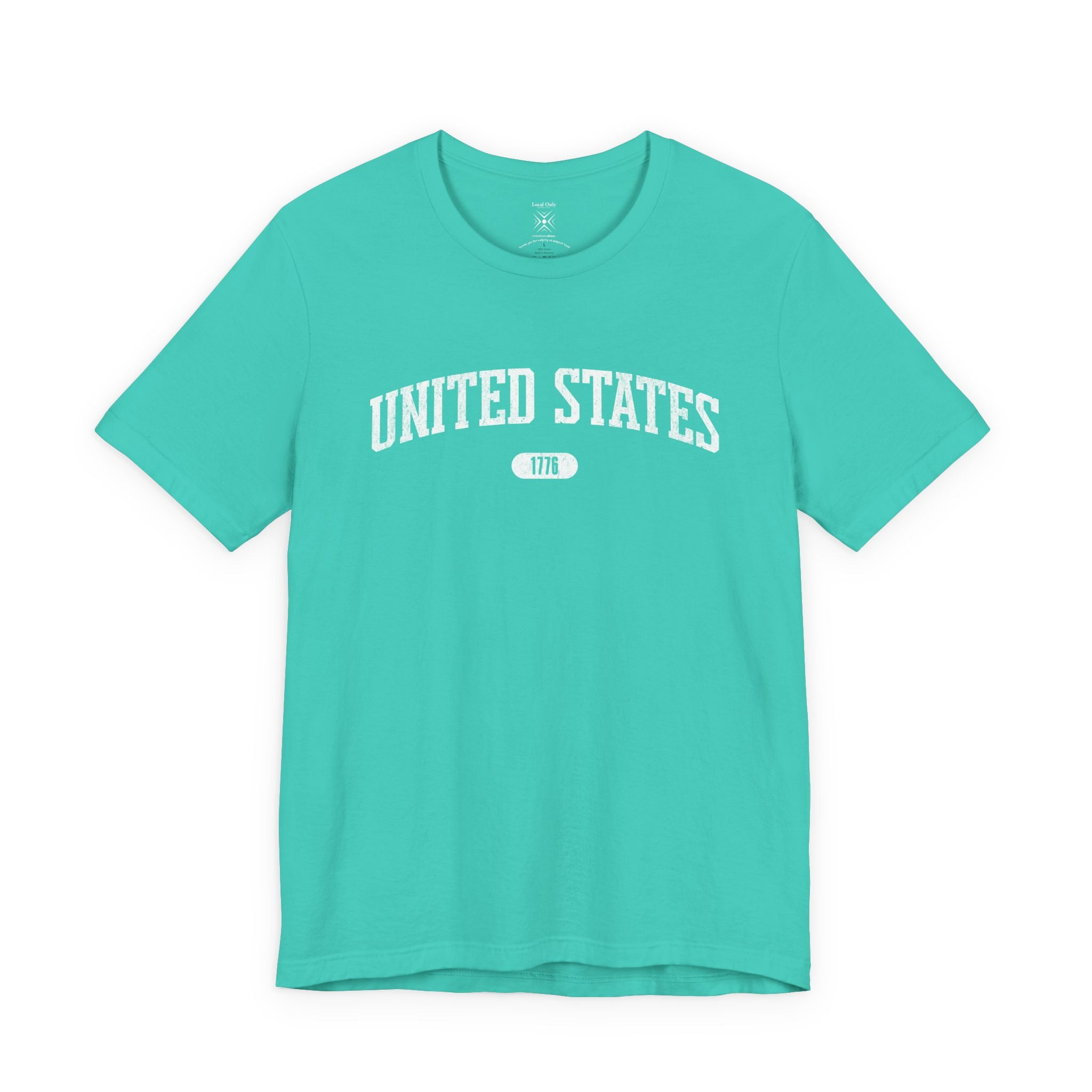 Teal t-shirt with 'UNITED STATES 1776' white collegiate text.