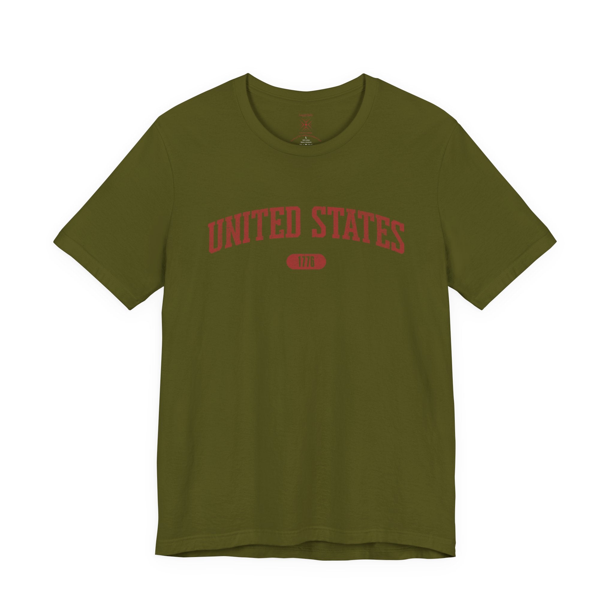 Olive t-shirt with 'UNITED STATES 1776' in red collegiate text.