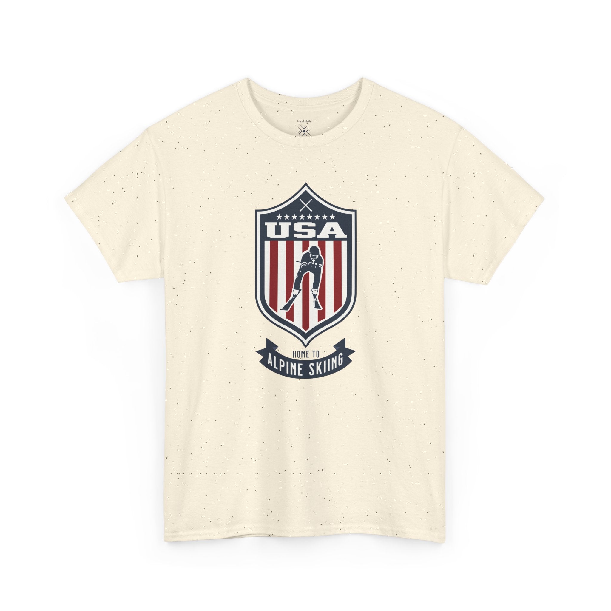 USA Home To Alpine Skiing Vintage Athletic T-Shirt – Navy Red White Crest Graphic