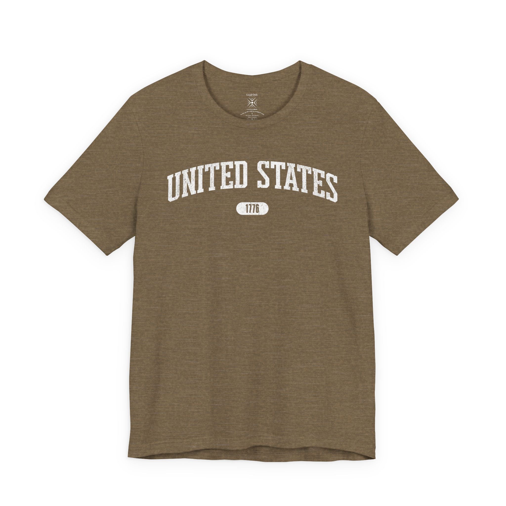 Heather Olive t-shirt with 'UNITED STATES 1776' white collegiate text.