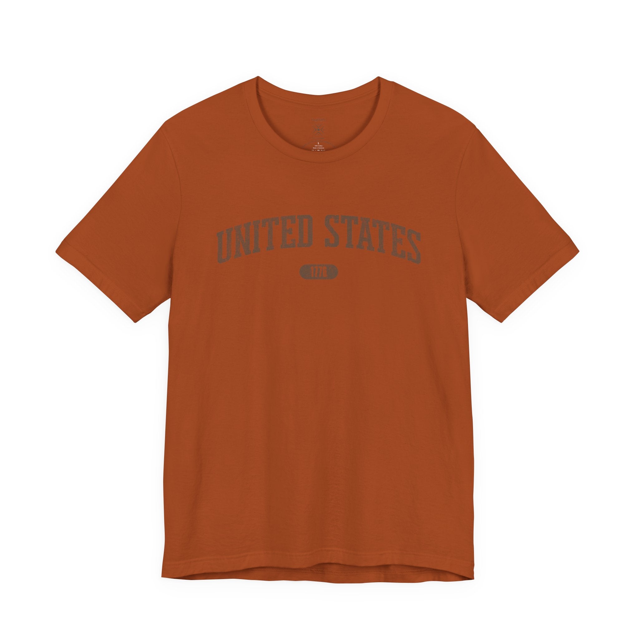 Autumn t-shirt with 'UNITED STATES 1776' in brown collegiate text.