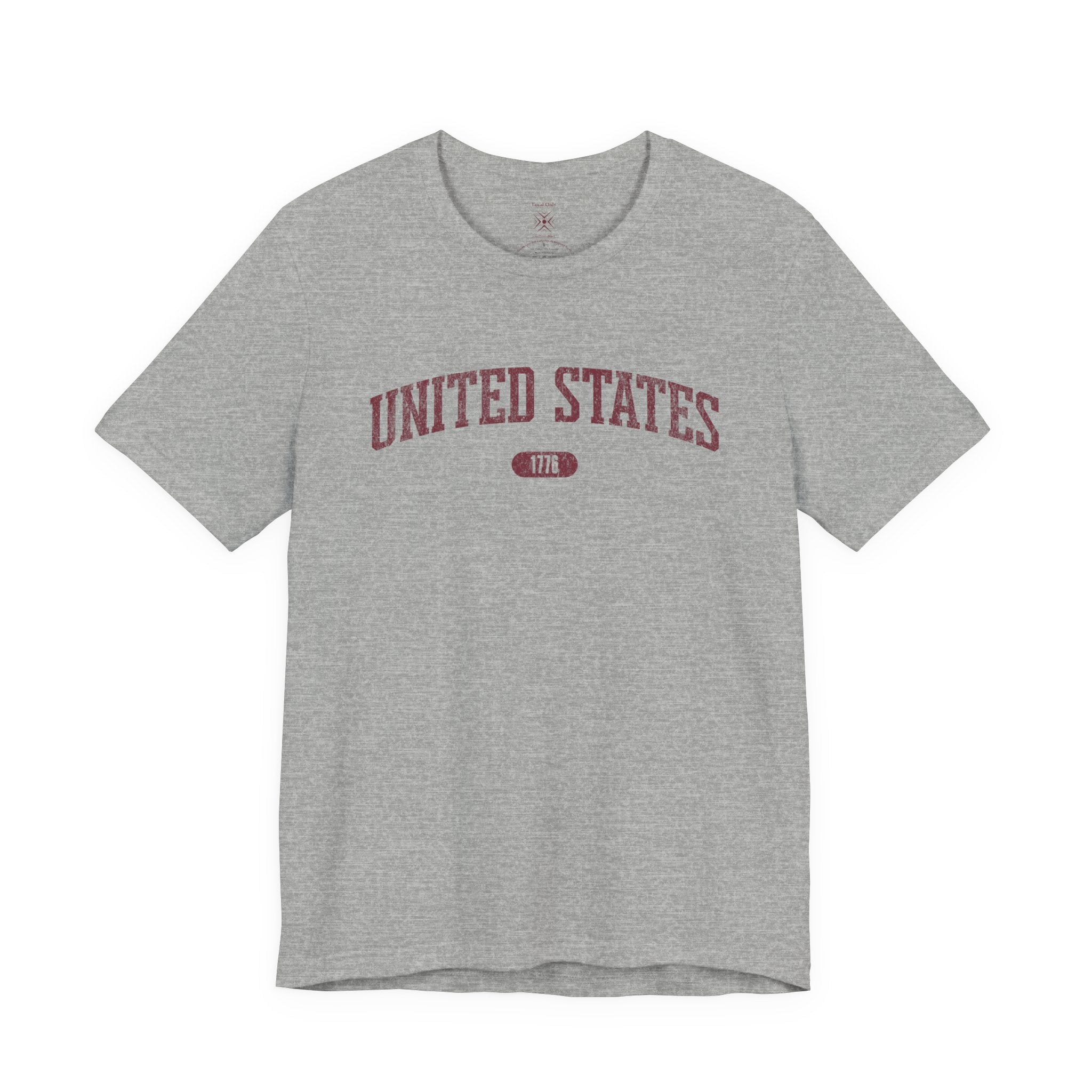 Athletic Heather t-shirt with 'UNITED STATES 1776' in burgundy collegiate text.