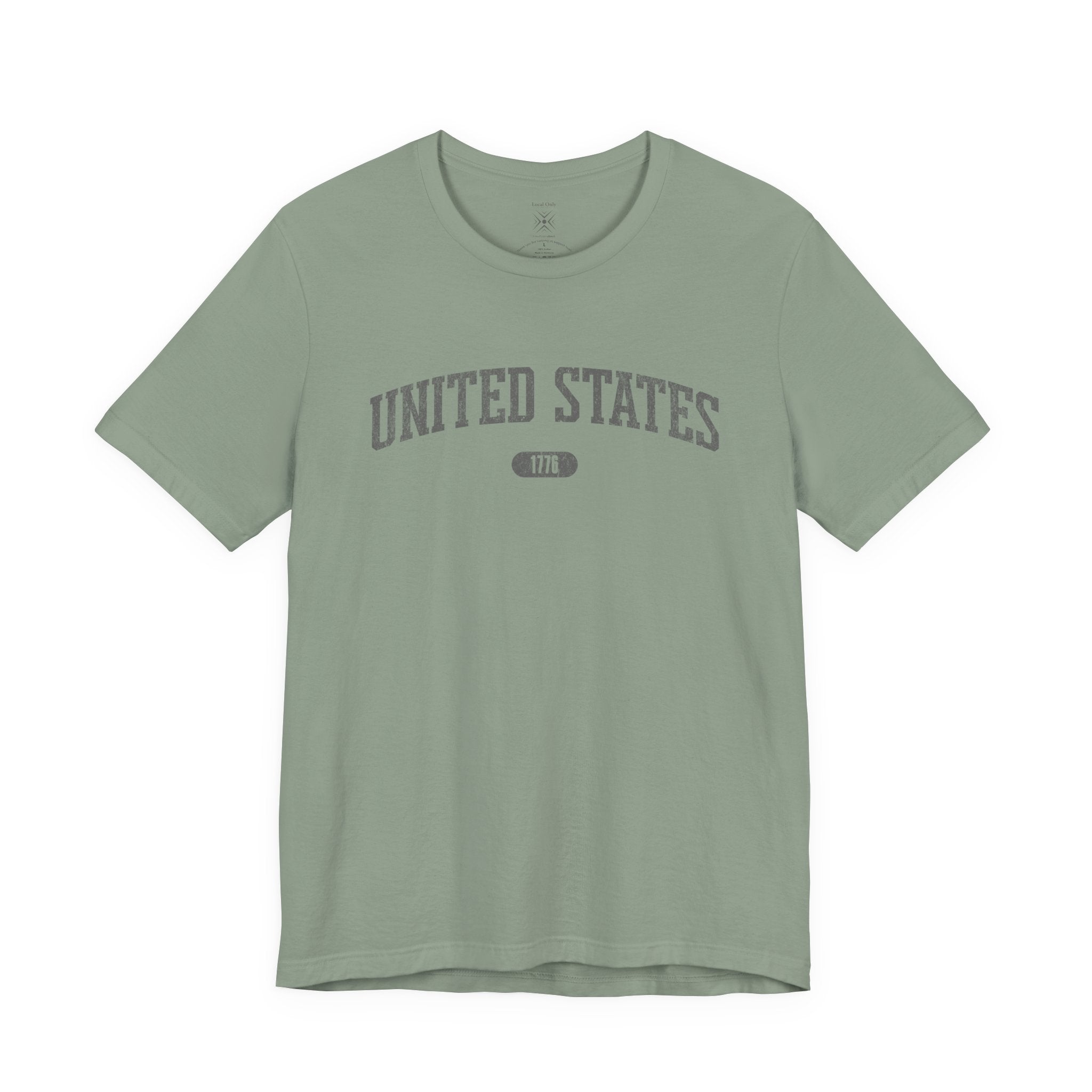 Sage t-shirt with 'UNITED STATES 1776' in grey collegiate text.