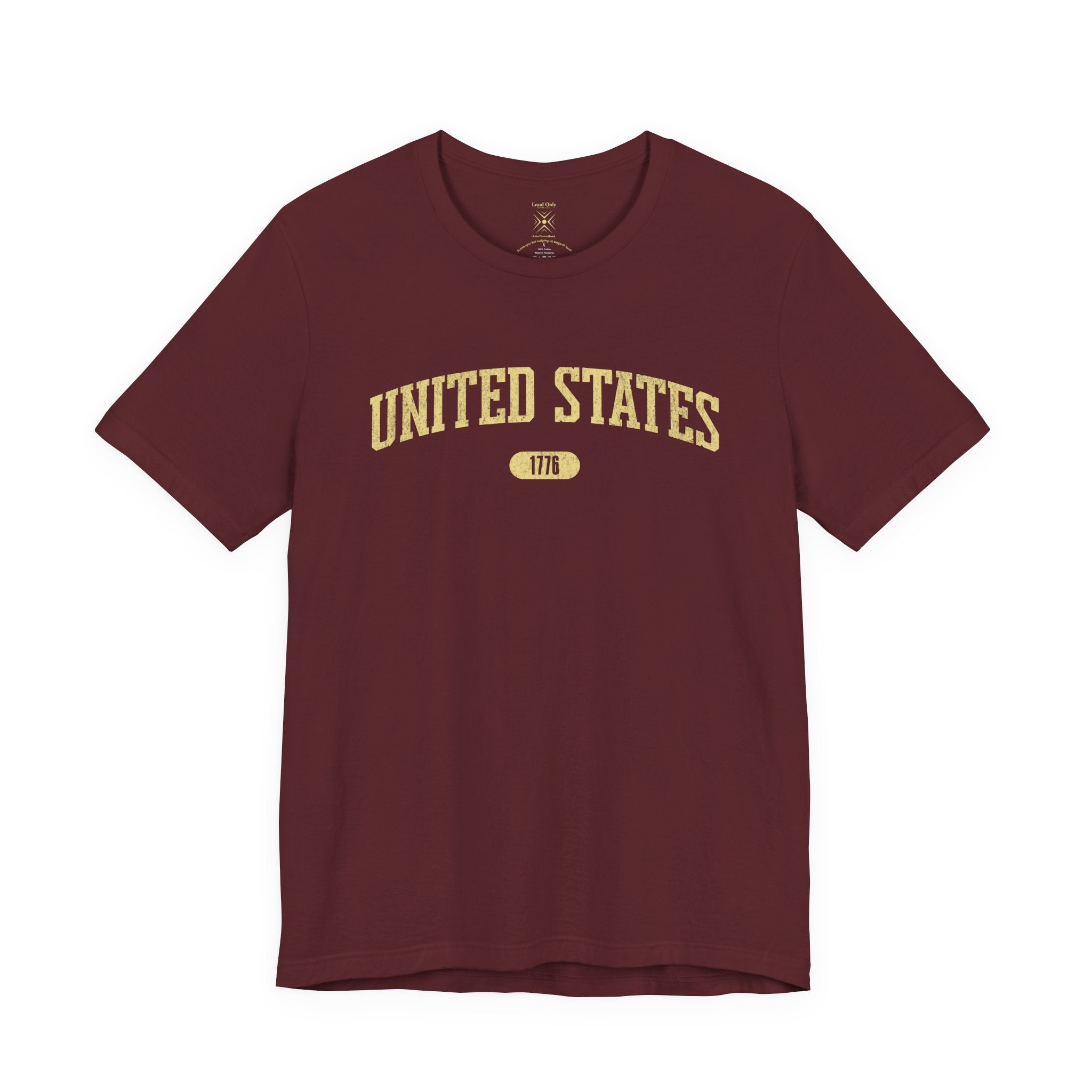 Maroon t-shirt with 'UNITED STATES 1776' in yellow collegiate text.