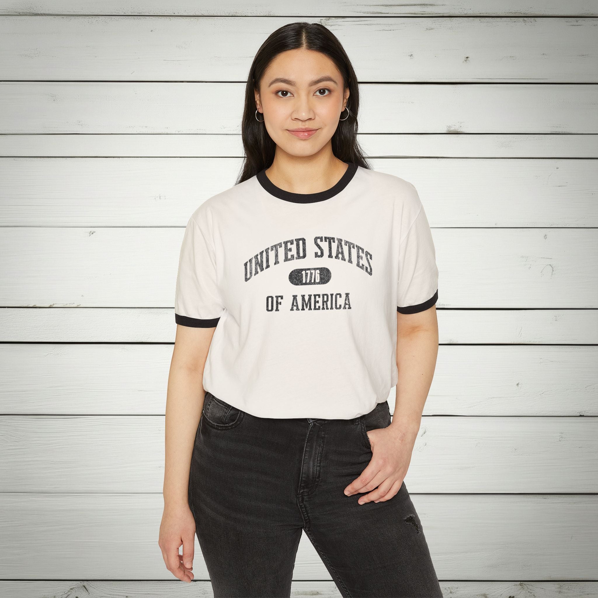 United States of America 1776 Vintage Collegiate Ringer Tee – Black Graphic – Neutrals with Black Trim